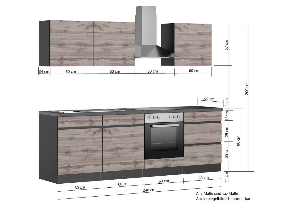 Küchenzeile Turin mit Geräten 240 cm Grau/Eichefarben - Eiche Wotan/Grau, Design, Holzwerkstoff (240cm) - Held
