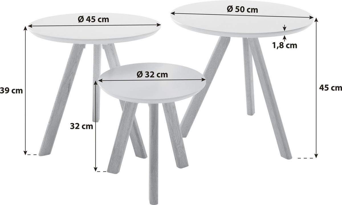 Beistelltisch 3er-set Sinio Weiß/asteiche - Naturfarben/Weiß, Design, Holz/Holzwerkstoff (50/45/50cm) - Livetastic