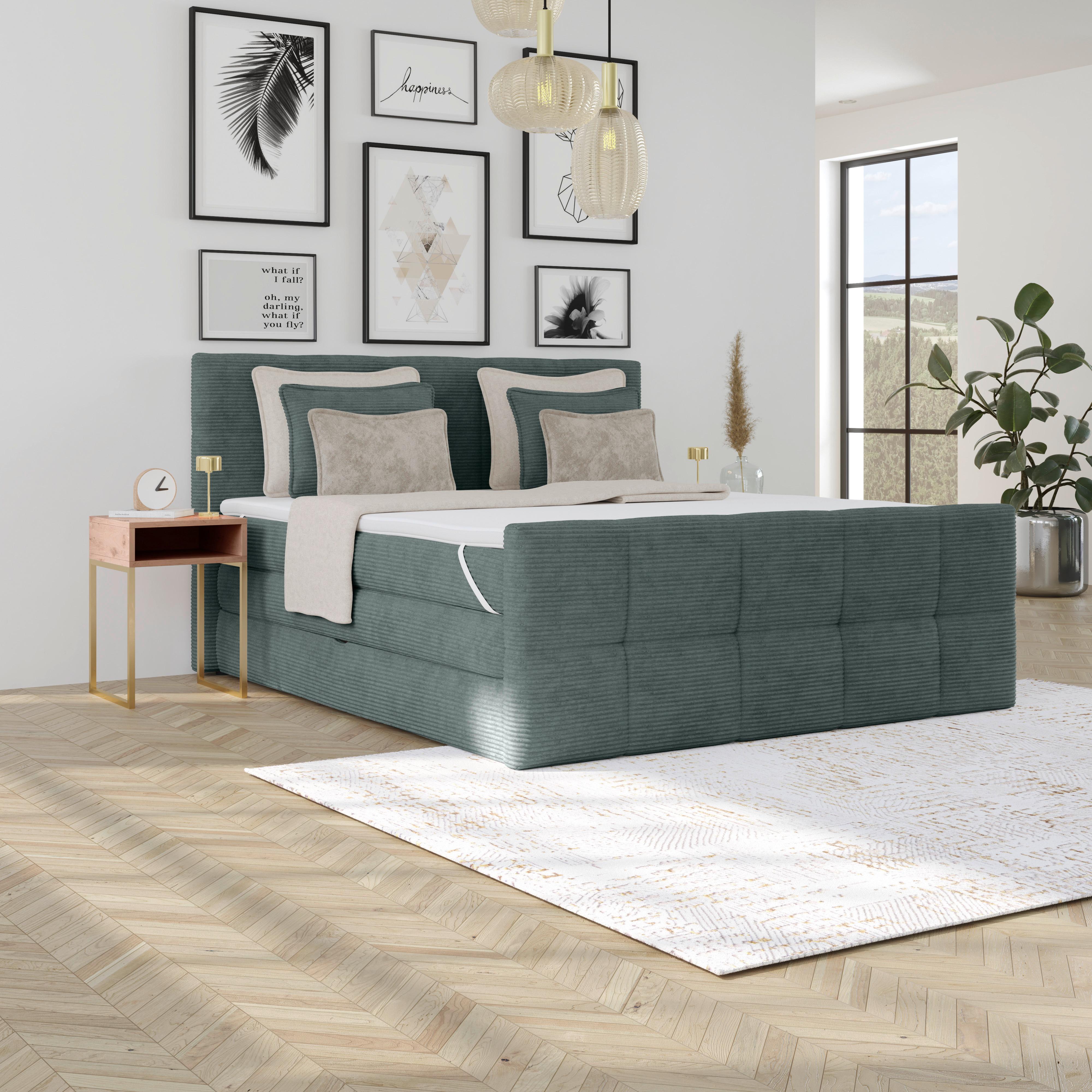 Boxspringbett mit Topper mit Bettkasten 180x200 cm Medino - Blaugrau, KONVENTIONELL, Holz/Holzwerkstoff (180/200cm)