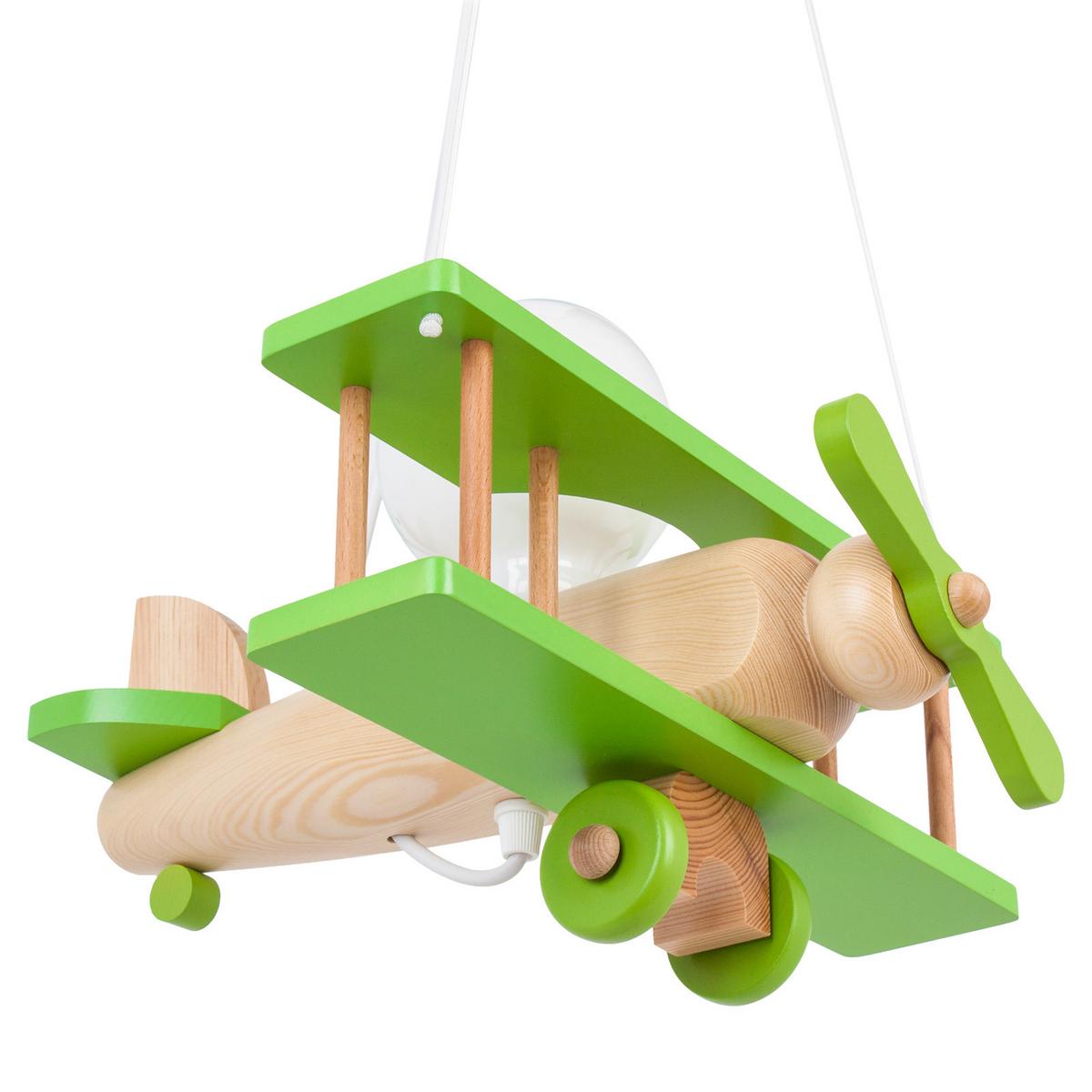 Kinderhängeleuchte Flugzeug H: 75 cm 1-Flammig - Naturfarben/Grün, KONVENTIONELL, Holz (29/31/75cm)