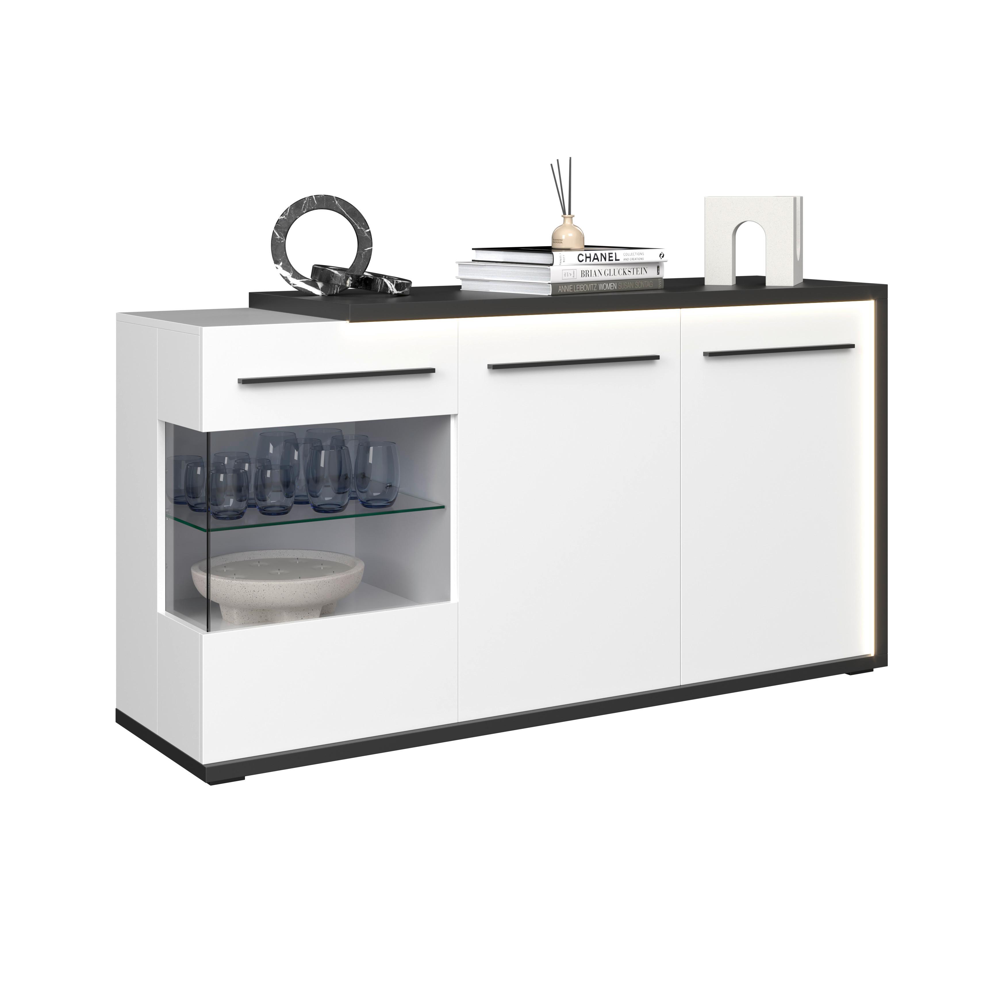 Sideboard Ambiente B: 153,4 cm mit LED, Alpinweiss/Anthrazit - Weiß Hochglanz/Anthrazit, MODERN, Glas/Holzwerkstoff (153,4/81,6/43,6cm)