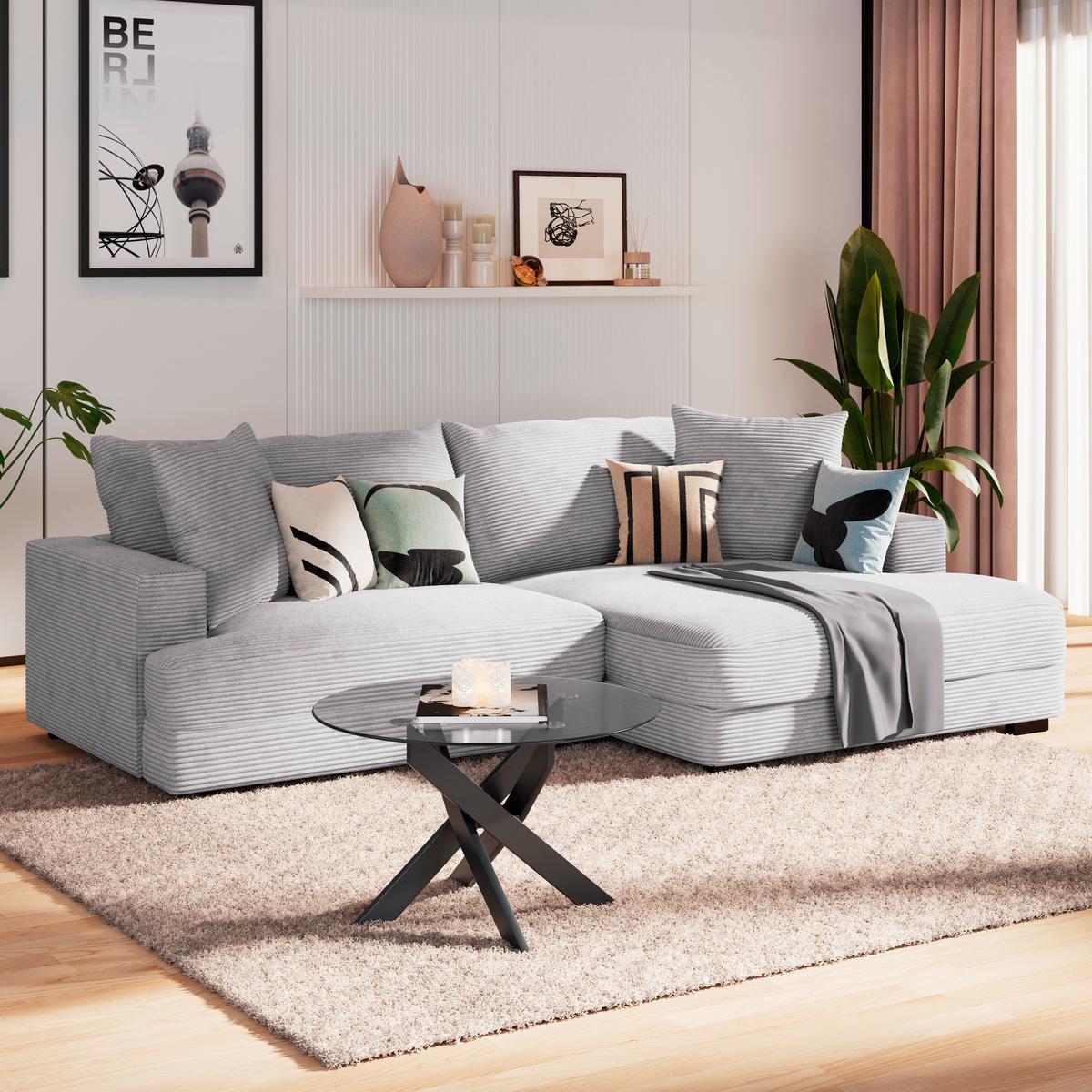 Ecksofa Pelle m. Kissen taupe Cord 265x180cm - Taupe/Schwarz, MODERN, Textil (265/180cm)