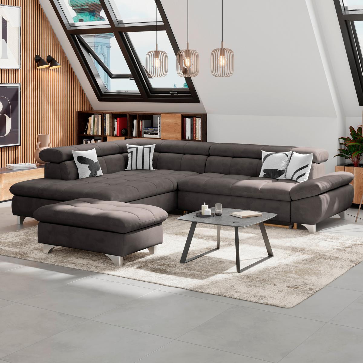 Ecksofa Gemini Dunkelbraun, B: 234cm - Chromfarben/Graubraun, KONVENTIONELL, Textil (234/312cm)