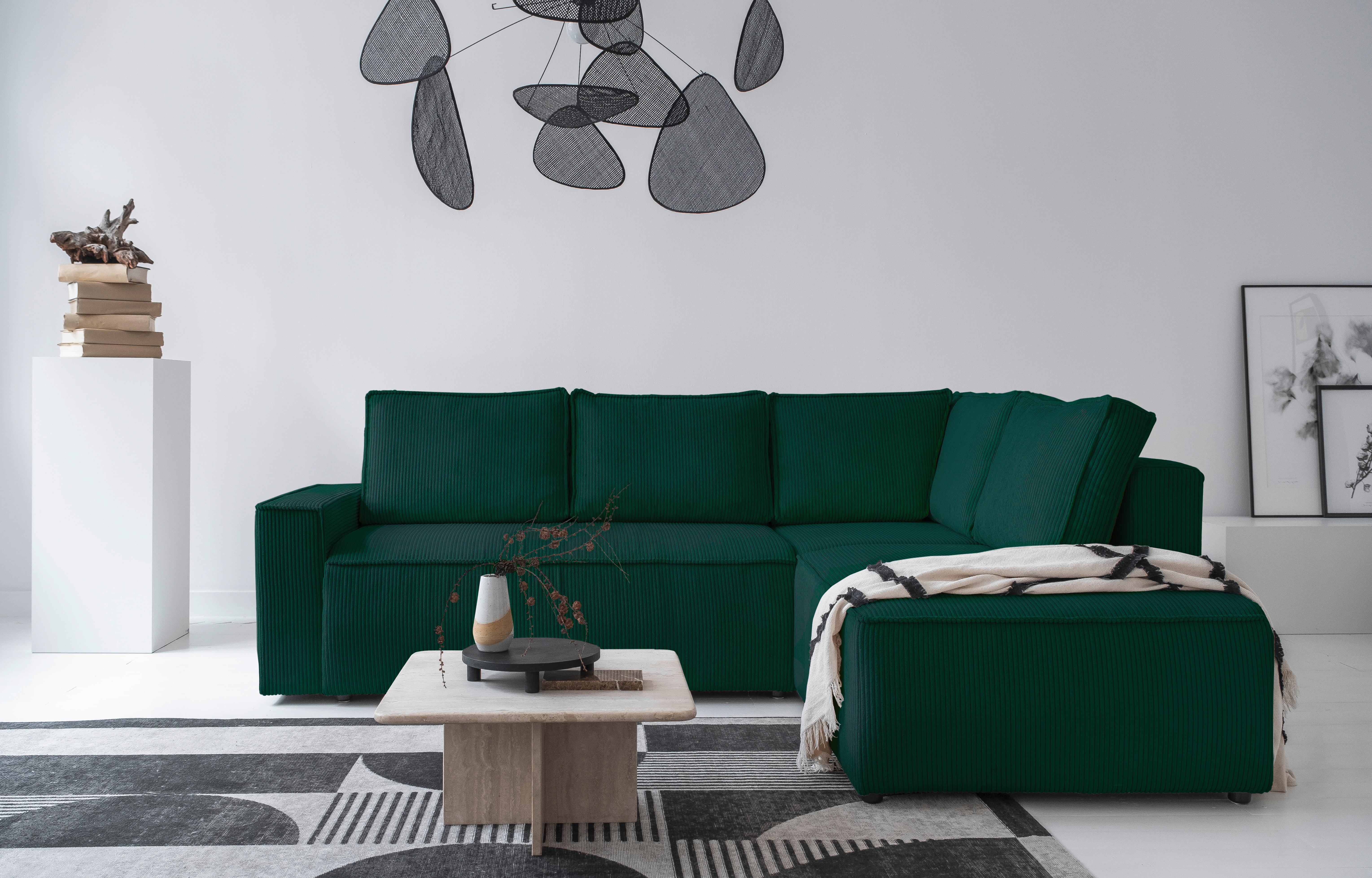 Sedačka OLIVER, pravá, tmavozelená farba - čierna/tmavozelená, Design, textil/plast (247/194cm)