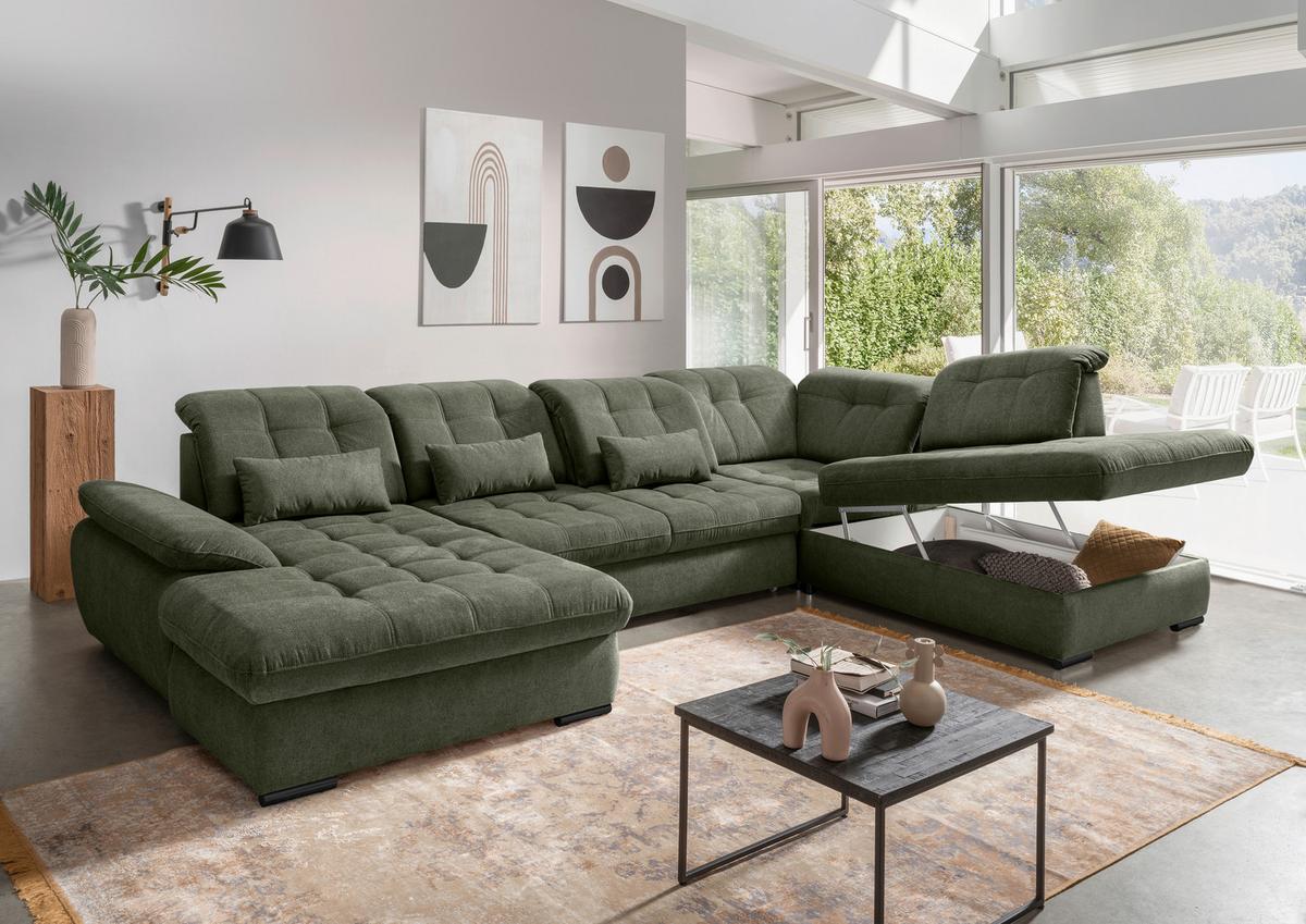 Wohnlandschaft Mit Bettkasten Rigatti Dunkelgrün B: 387 Cm - Dunkelgrün/Schwarz, MODERN, Textil (184/387/252cm) - Livetastic