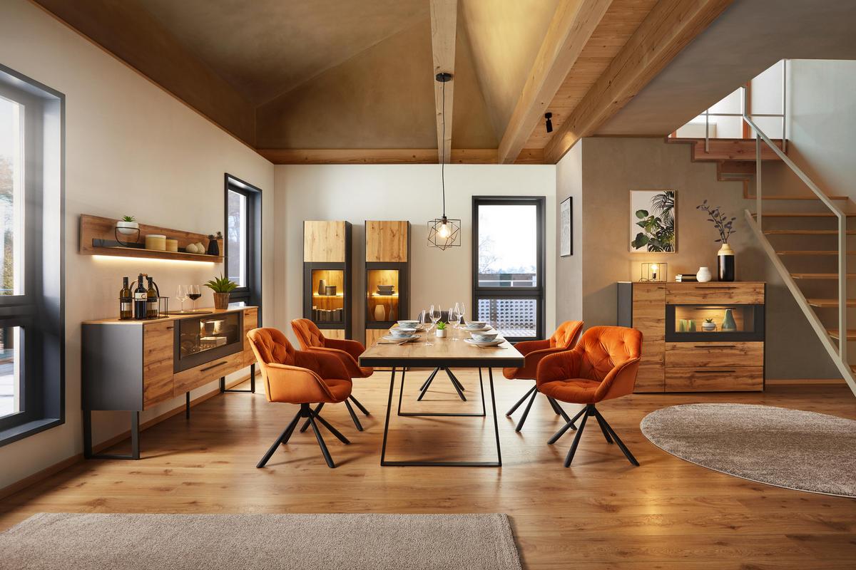 VITRÍNA SKAGEN - barvy dubu/černá, Moderní, kov/kompozitní dřevo (56/196/40cm) - Premium Living