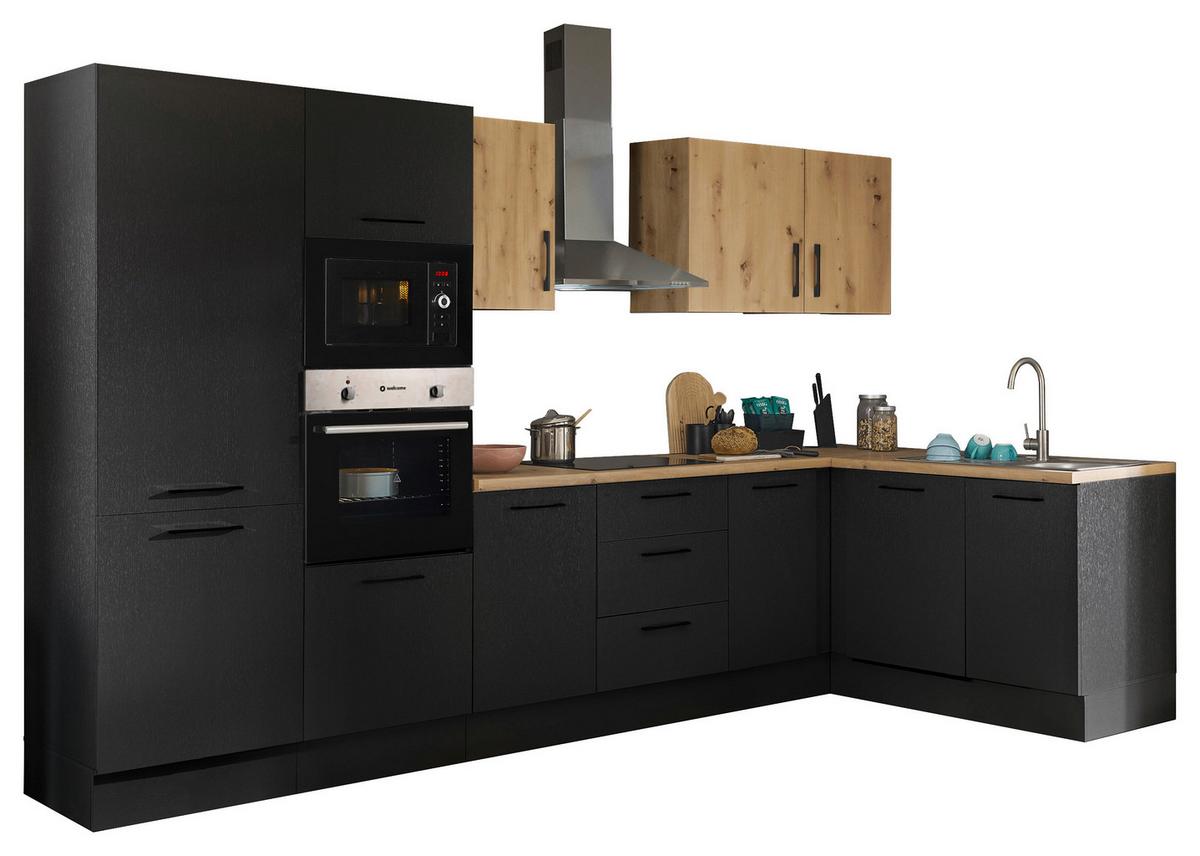 Eckküche Turin Schwarz/Eiche Dekor 340x175 cm - Schwarz/Eiche Artisan, Basics, Holzwerkstoff (340/175cm) - MID.YOU