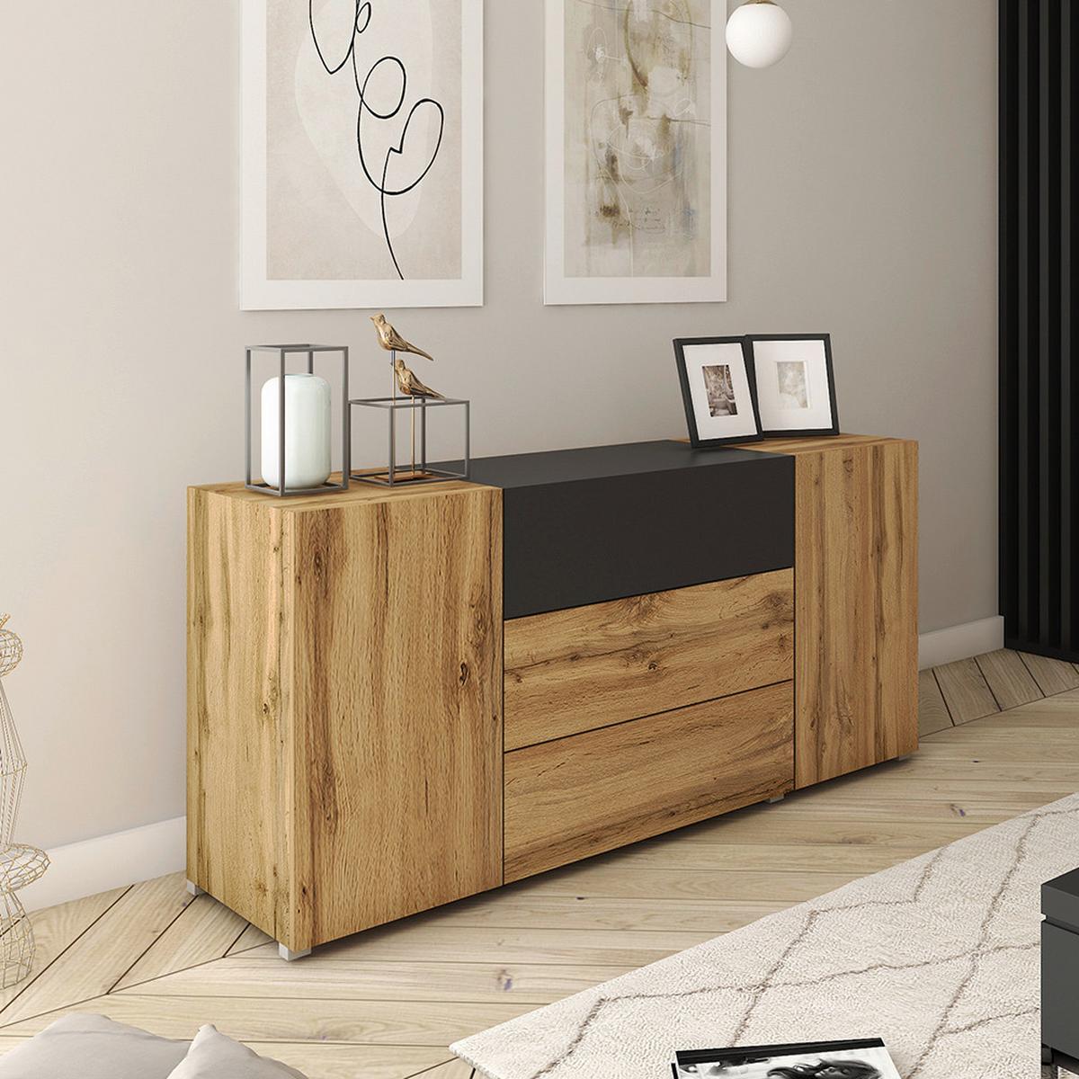 Sideboard Berlin 150 Eiche Wotan/Schwarz B: 150 cm - Eiche Wotan/Schwarz, Design, Holzwerkstoff (150/68/38,5cm) - P & B