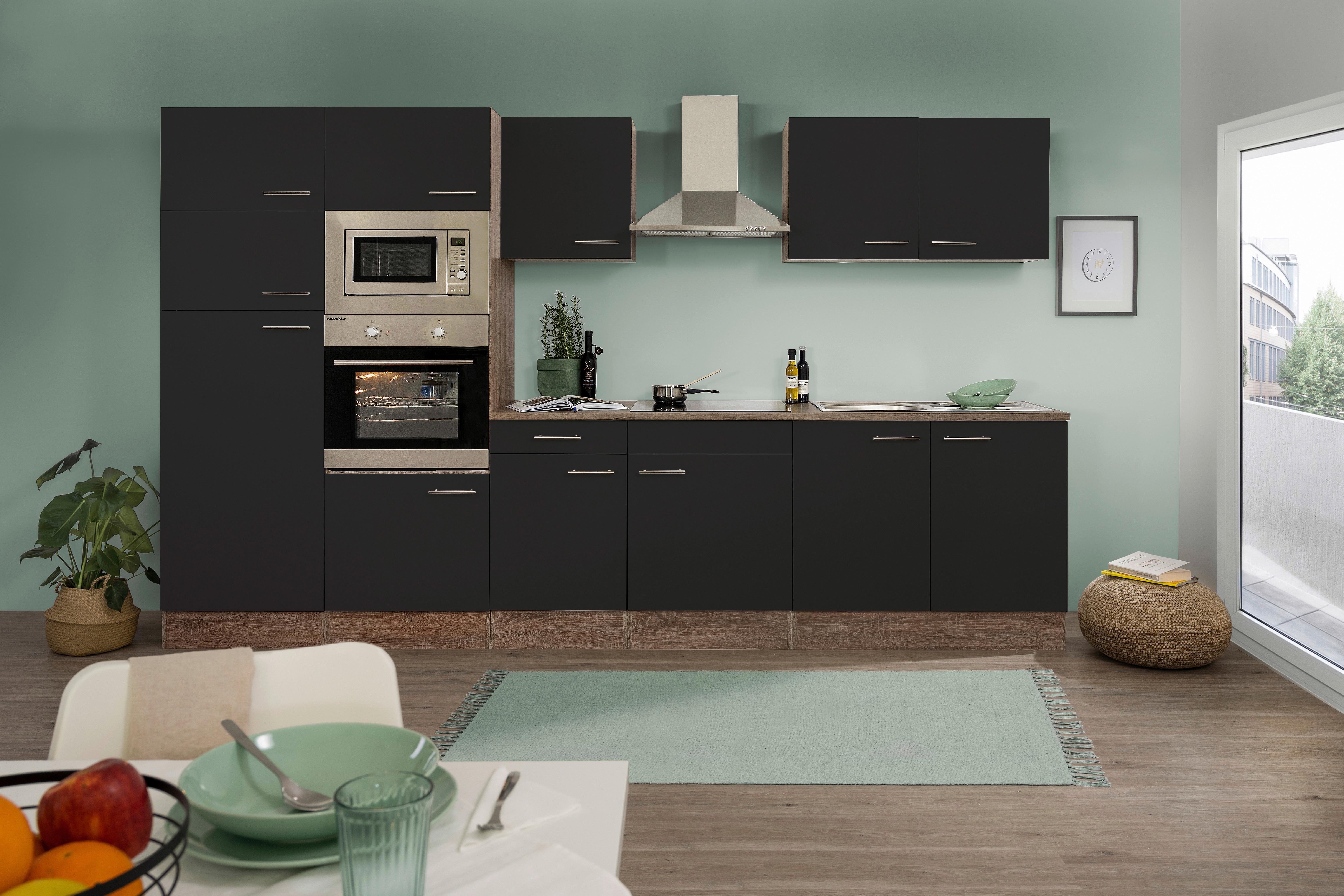 Küchenzeile ohne Geräte B: 330 cm Schwarz/Eiche Dekor - Eichefarben/Schwarz, Basics, Holzwerkstoff (330cm) - Respekta
