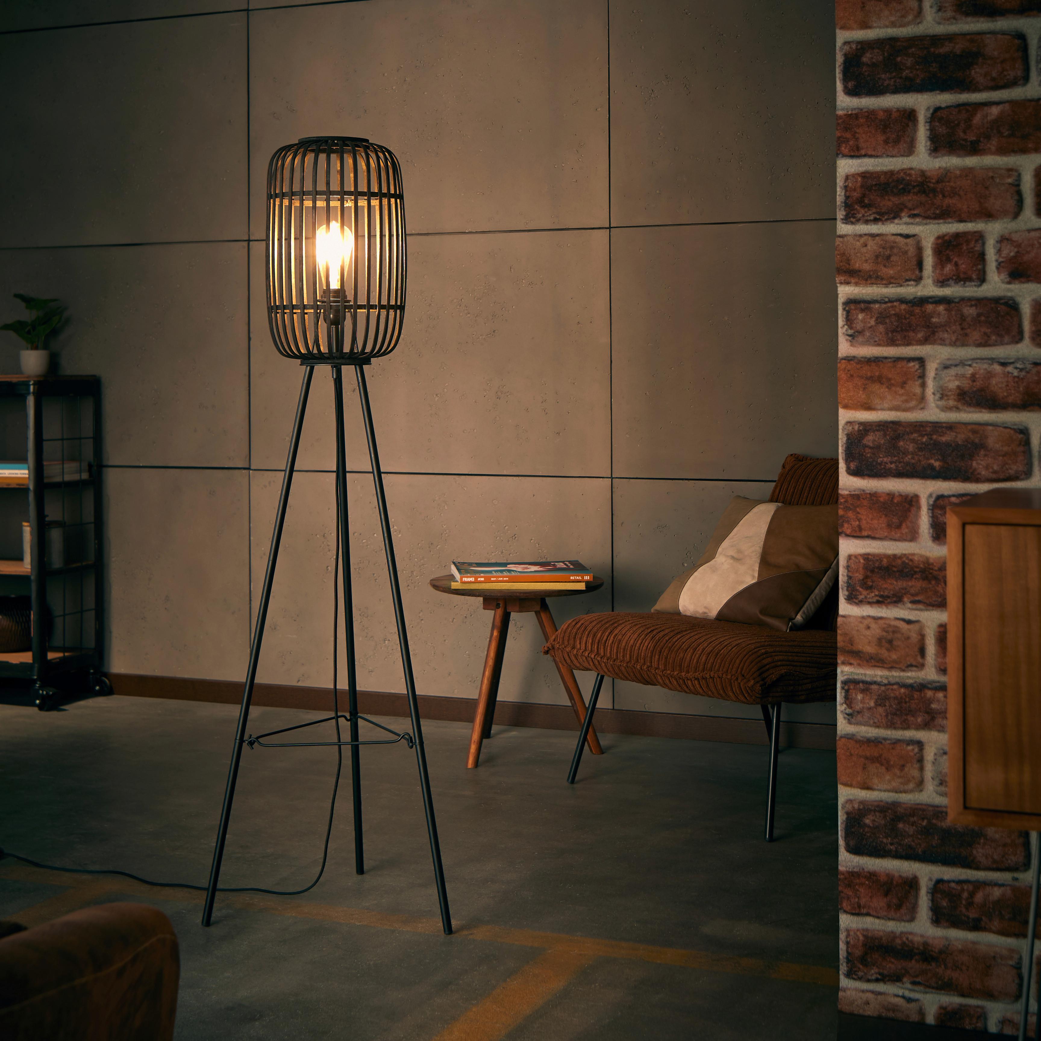 Stehlampe Holz Woodrow Schwarz mit Fußschalter - Schwarz, Design, Holz/Metall (45/130cm) - Brilliant