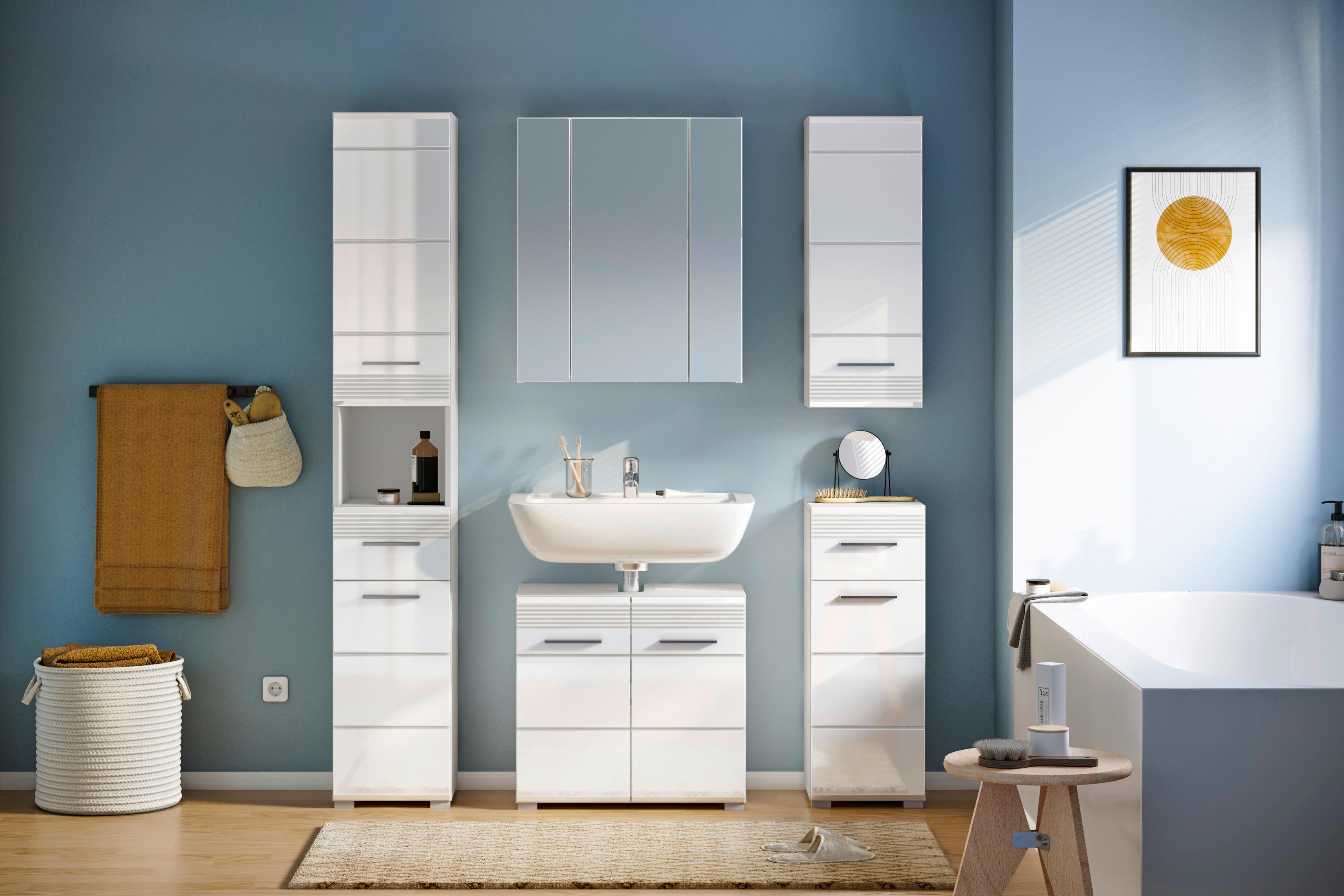 Badezimmer Linus Weiß Hochglanz B: 120 cm - Weiß Hochglanz/Silberfarben, MODERN, Glas/Holzwerkstoff (120cm) - MID.YOU