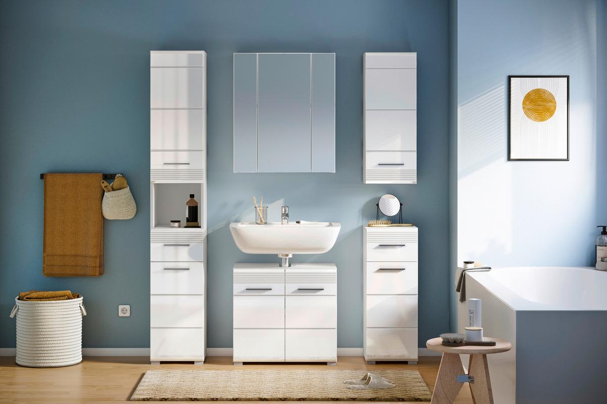 Badezimmer Linus Weiß Hochglanz B: 120 cm - Weiß Hochglanz/Silberfarben, MODERN, Glas/Holzwerkstoff (120cm) - MID.YOU