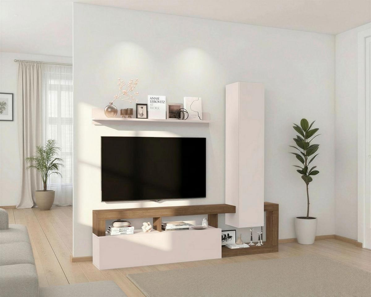 Wohnwand Hamburg Eiche Dekor/kaschmir B: 219cm - Kaschmir/Eichefarben, MODERN, Holzwerkstoff (219/200/35cm)