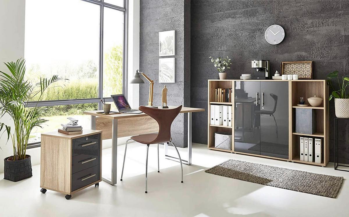 Büro Office Edition Eiche Dekor/anthrazit Hg - Anthrazit Hochglanz/Sonoma Eiche, MODERN, Holzwerkstoff/Metall - MID.YOU