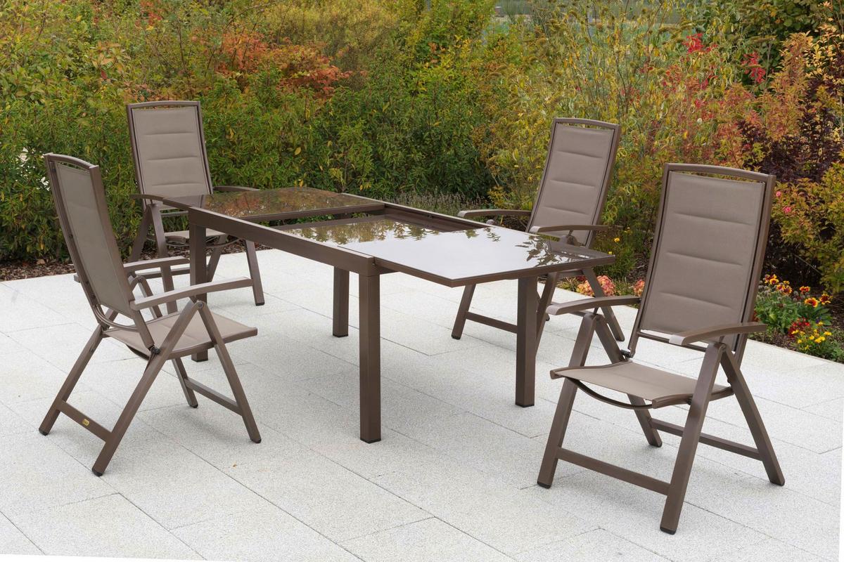 Gartentischgruppe Tinetto 5--Teilig. Aus Aluminium - Taupe/Braun, KONVENTIONELL, Glas/Textil - Gardenson