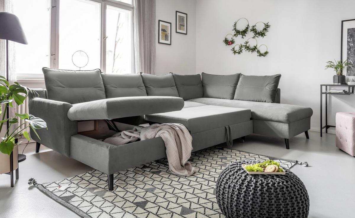 Sedací souprava ISABELLA U, světle šedá barva - černá/světle šedá, Basics, dřevo/textil (150/300/200cm) - MID.YOU