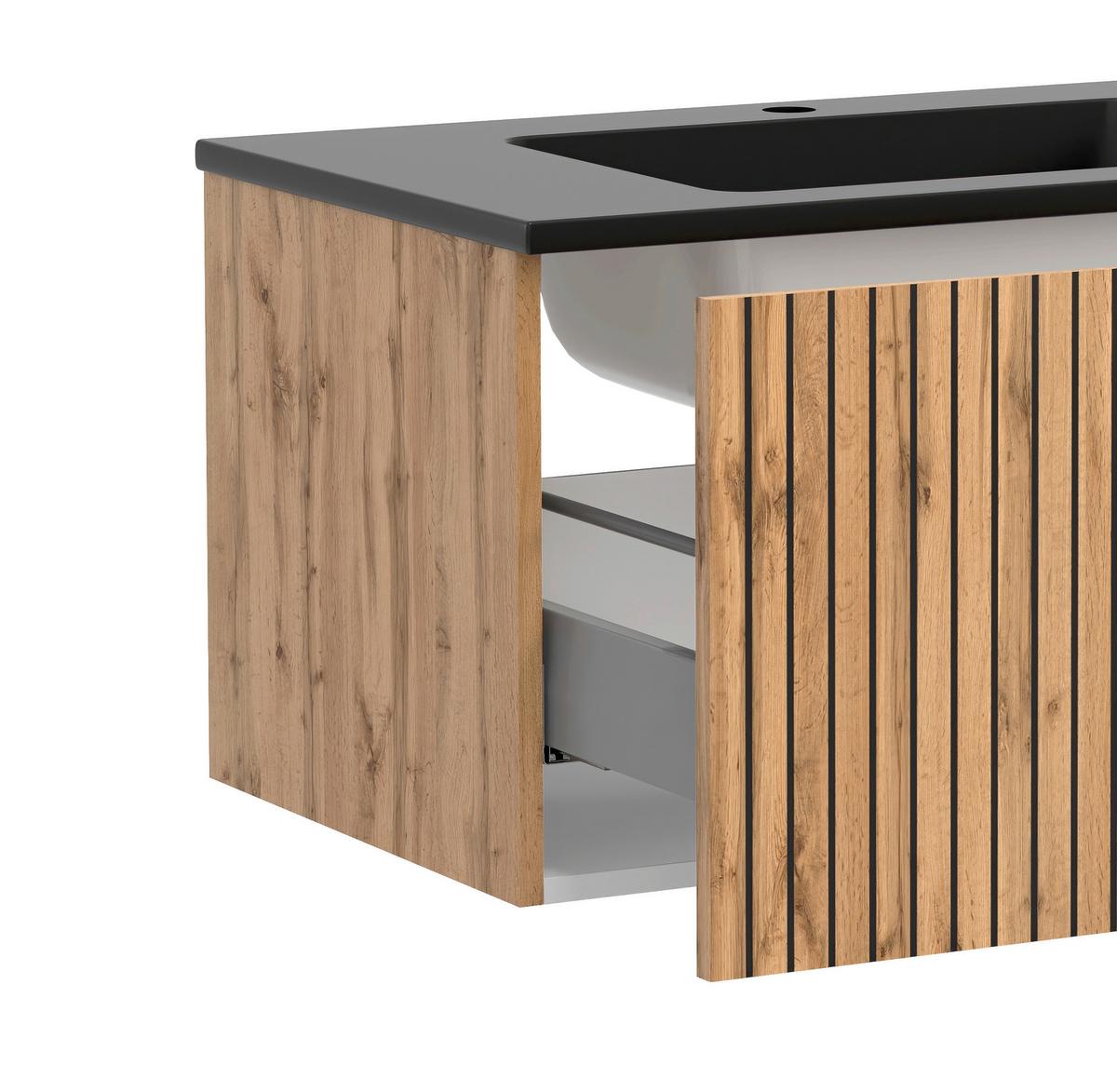 Waschbecken Mit Unterschrank Chester B: 80 Cm - Eiche Wotan/Schwarz, MODERN, Holzwerkstoff/Stein (80cm) - Held