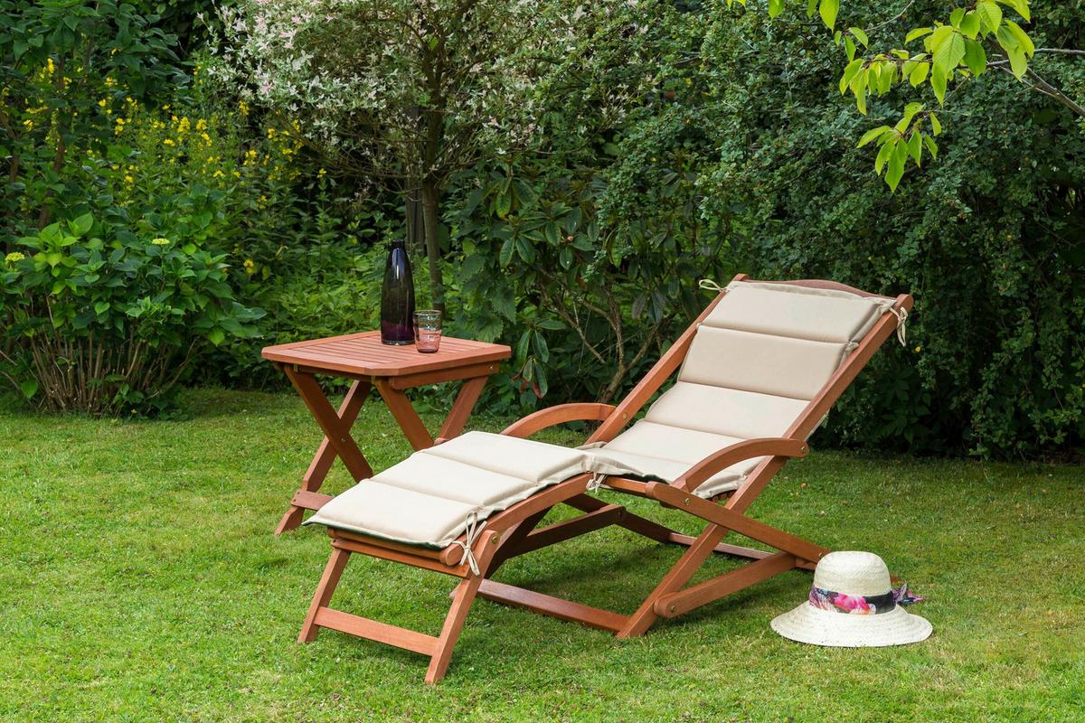 Gartenliege Cabana Holz Klappbar mit Auflage - Eukalyptusholzfarben/Beige, KONVENTIONELL, Holz/Textil - Gardenson