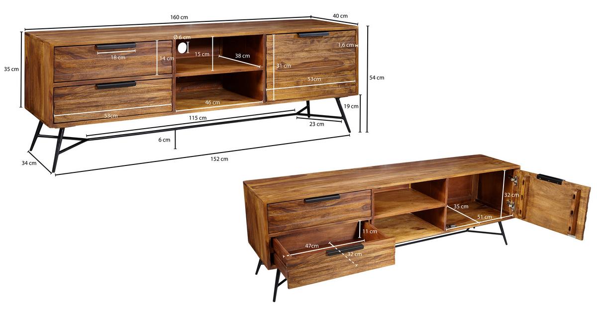 Sideboard Sheesham Sheeshamfarben/schwarz B:160cm - Sheeshamfarben/Schwarz, Design, Holz (160/54/40cm) - MID.YOU