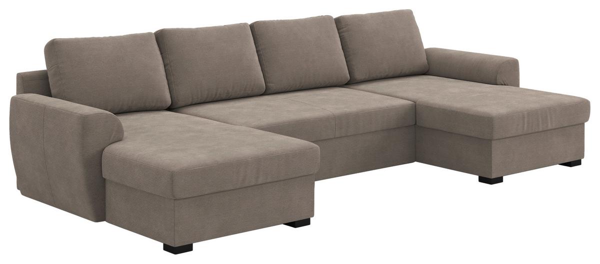 Wohnlandschaft m. Bettfunktion Cord taupe, B:327cm - Taupe/Schwarz, Trend, Textil (154/327/86cm) - MID.YOU