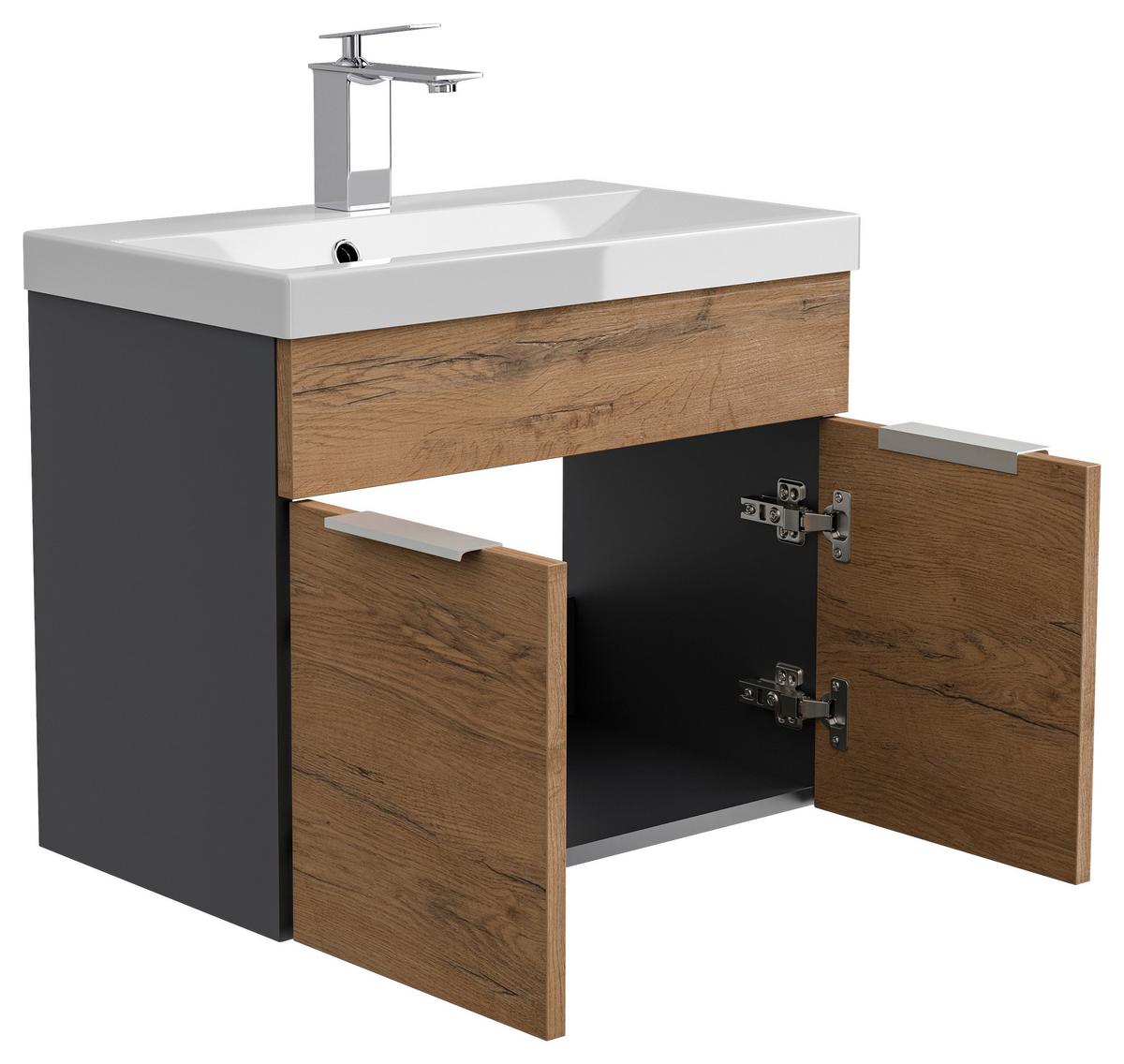 Waschtischkombi Slimline Eichefarben B: 59,5cm - Eichefarben/Graphitfarben, Basics, Holzwerkstoff/Stein (59,5cm) - MID.YOU