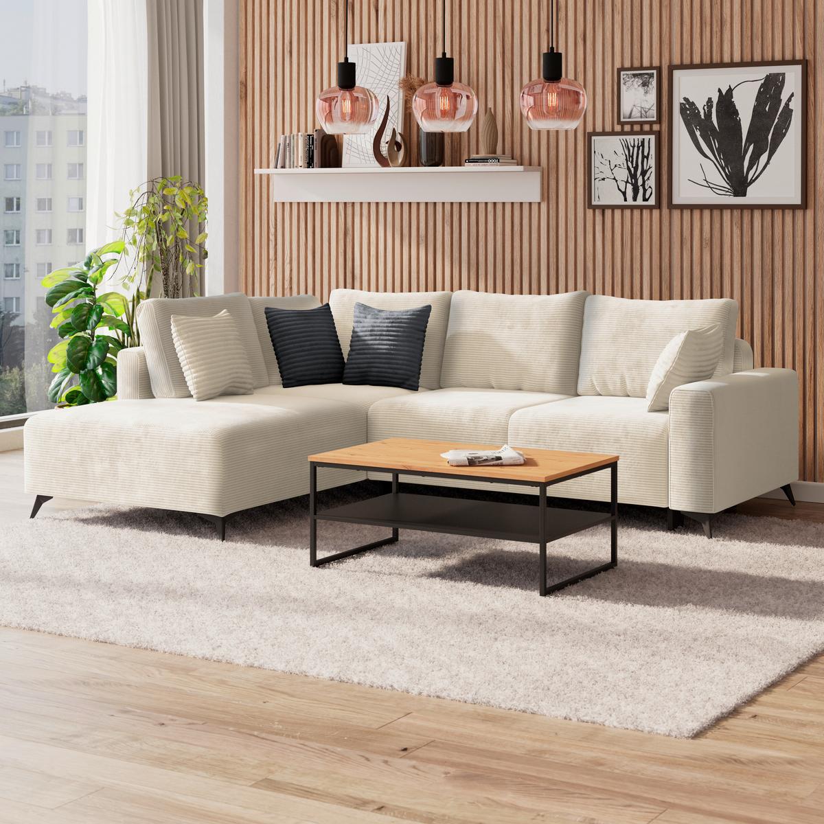 Ecksofa mit Schlaffunktion Viktor Creme Cord 212x270 cm - Creme/Schwarz, MODERN, Textil (212/270cm)