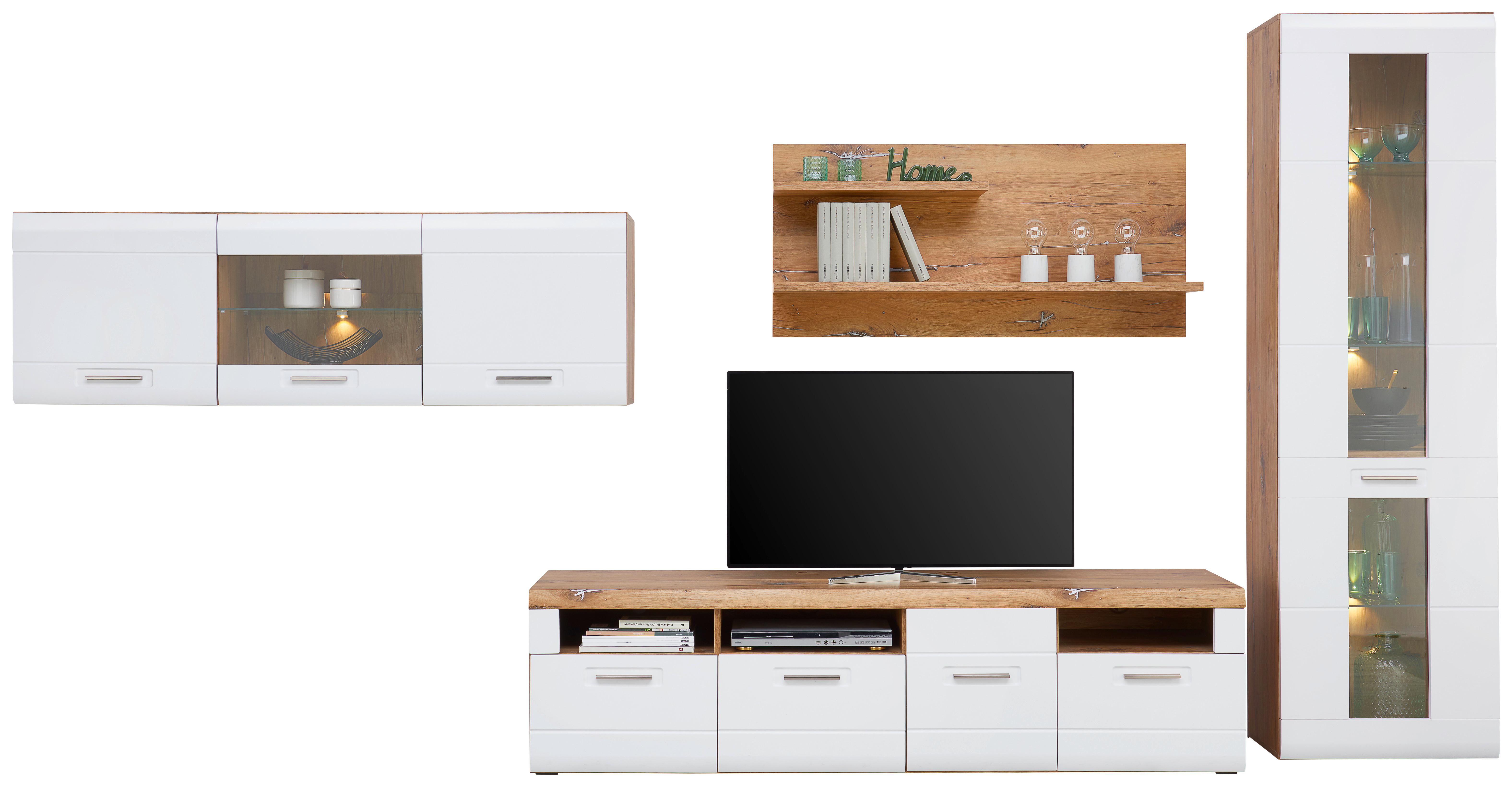 Wohnkombination 4-Tlg. Auris, Weiß/Eiche Dekor - Eichefarben/Weiß, MODERN, Glas/Holzwerkstoff (414,3/204,2/49,6cm) - Luca Bessoni