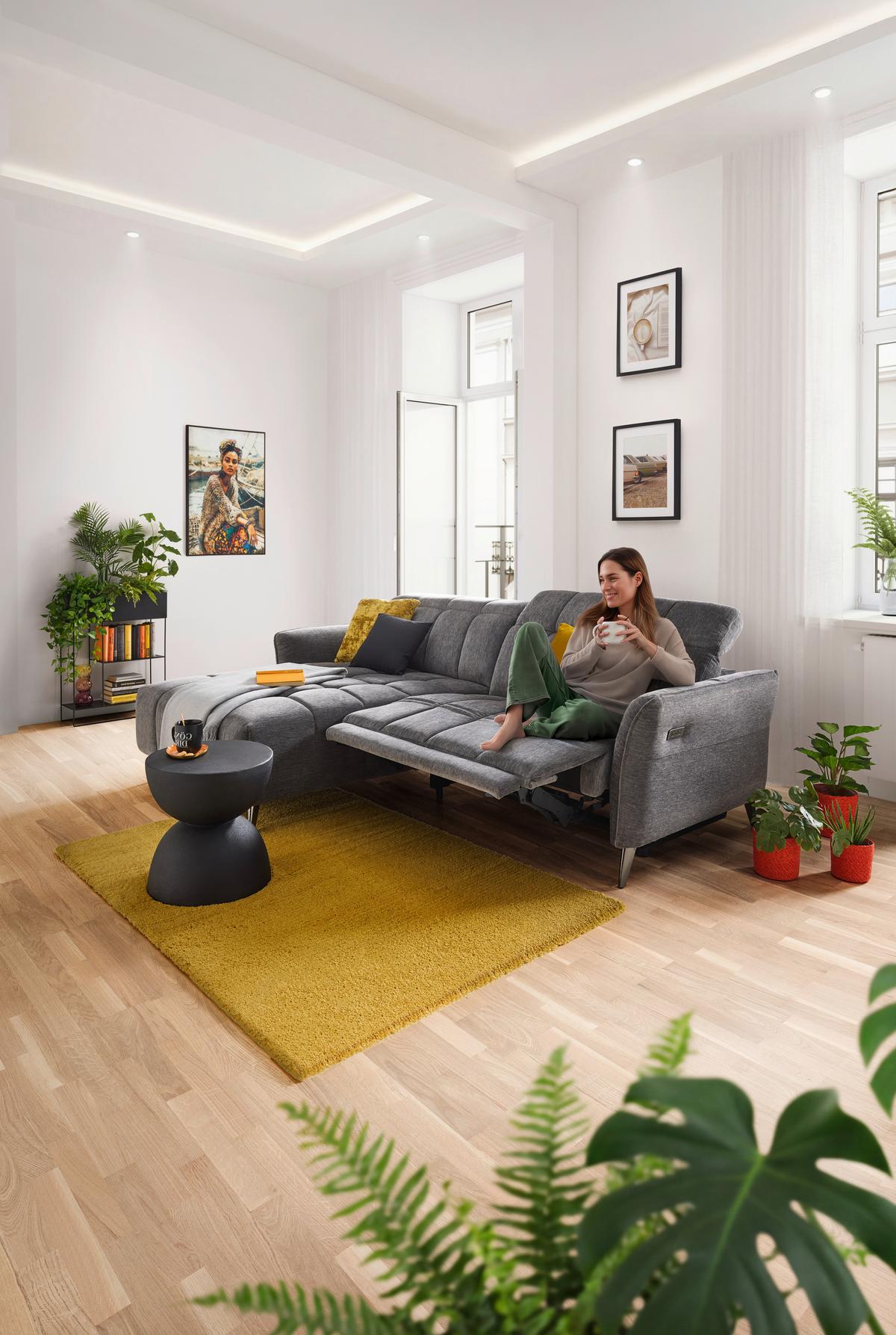 Rohová sedačka PISA, levá, elektrická relax.funkce - barvy pinie/antracitová, Moderní, kov/dřevo (173/248cm) - Mömax