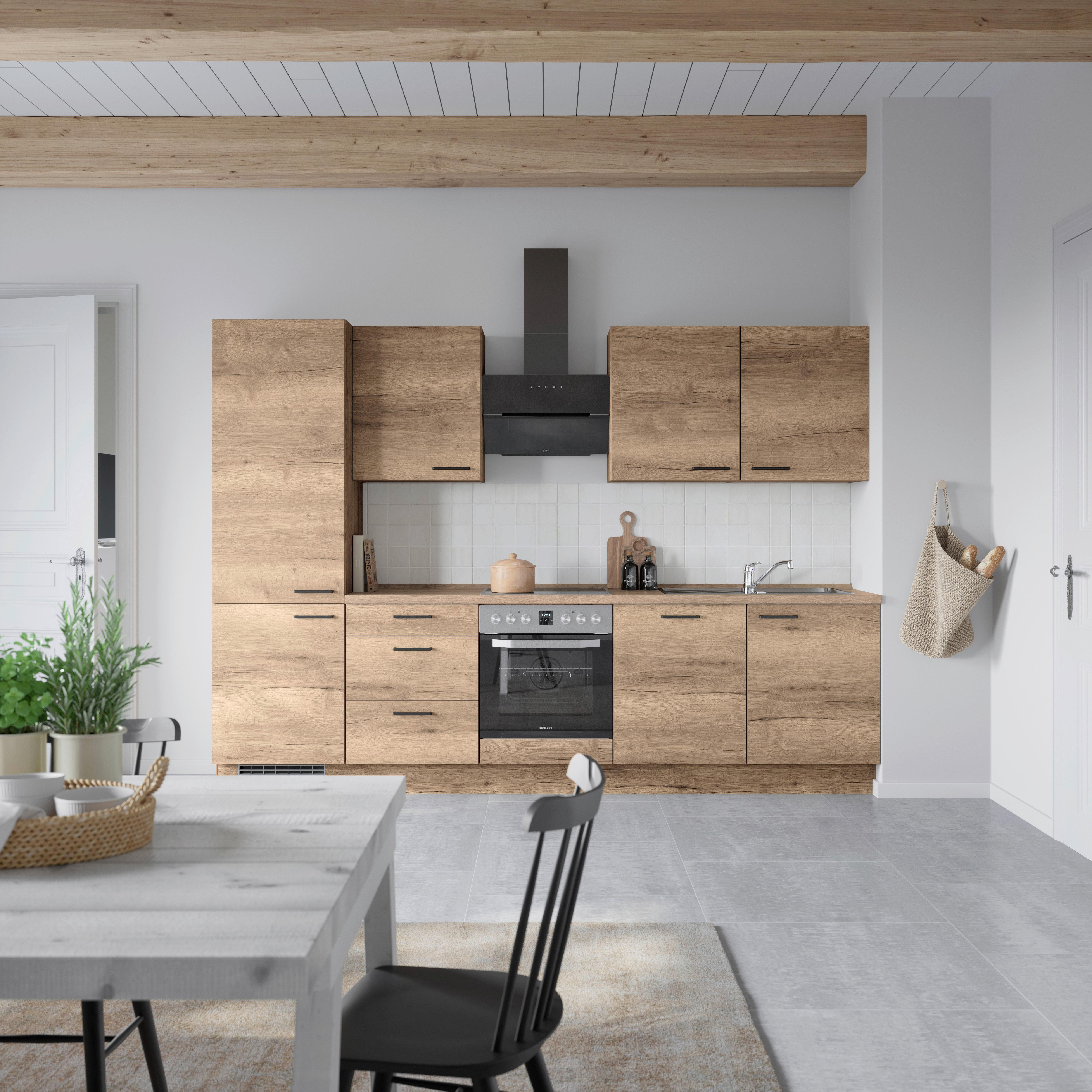 Kuchyňská linka 300 cm, dekor dub Havanna - černá/tmavý dub, Moderní, kov/kompozitní dřevo (300cm) - Nobilia