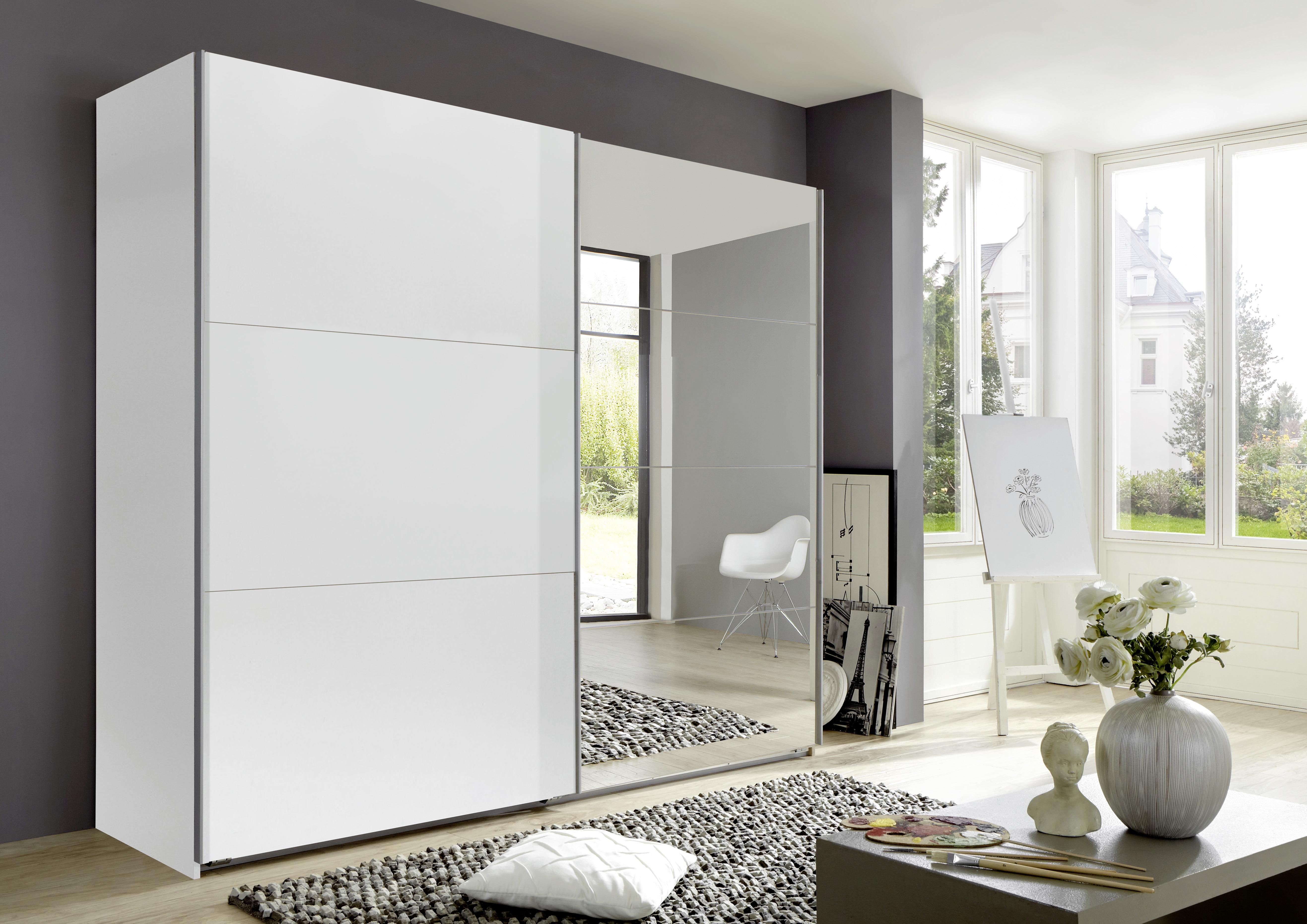 Schwebetürenschrank Mit Spiegel 225cm Ernie, Weiß Dekor - Weiß, MODERN, Glas/Holzwerkstoff (225/210/65cm) - MID.YOU