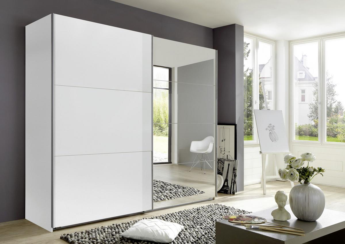 Schwebetürenschrank Mit Spiegel 225cm Ernie, Weiß Dekor - Weiß, MODERN, Glas/Holzwerkstoff (225/210/65cm) - MID.YOU