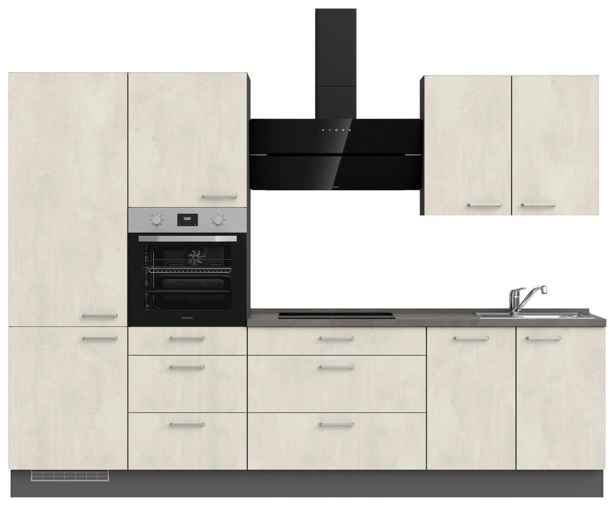 Kuchynská linka 300CM biely betón/ bridlicová šedá - biela/farba ušľachtilej ocele, Modern, kov/kompozitné drevo (300cm) - Nobilia