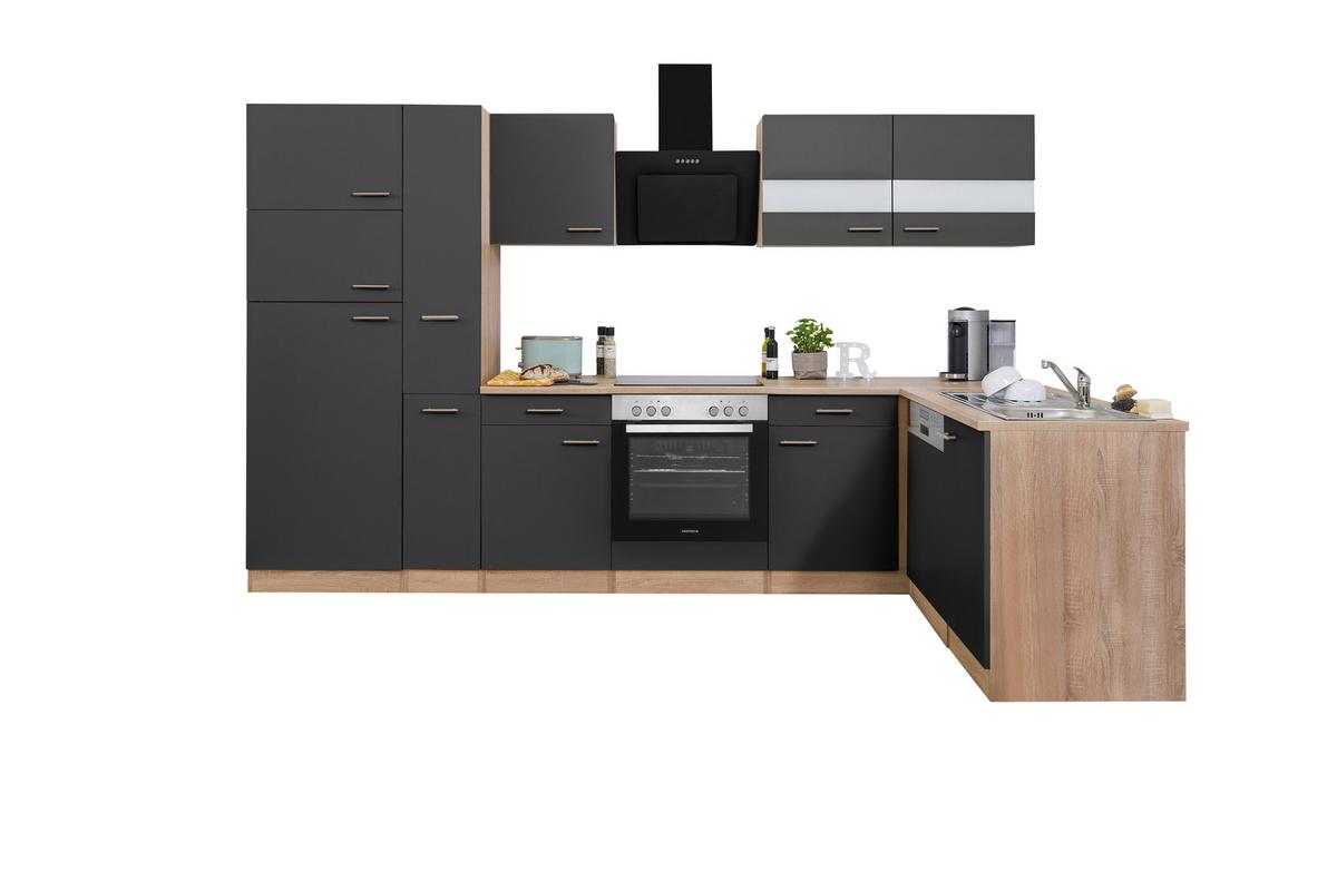 Eckküche Economy m. Geräten 172x310 cm Grau/Eiche Dekor - Eichefarben/Grau, Basics, Glas/Holzwerkstoff (172/310cm) - Respekta