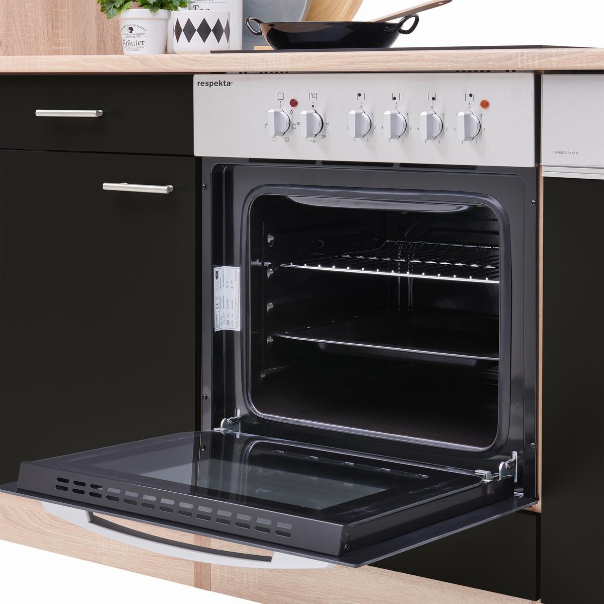 Küchenzeile Economy mit Geräten 310 cm Schwarz/Eiche Dekor - Eichefarben/Schwarz, Basics, Holzwerkstoff (310cm) - Respekta