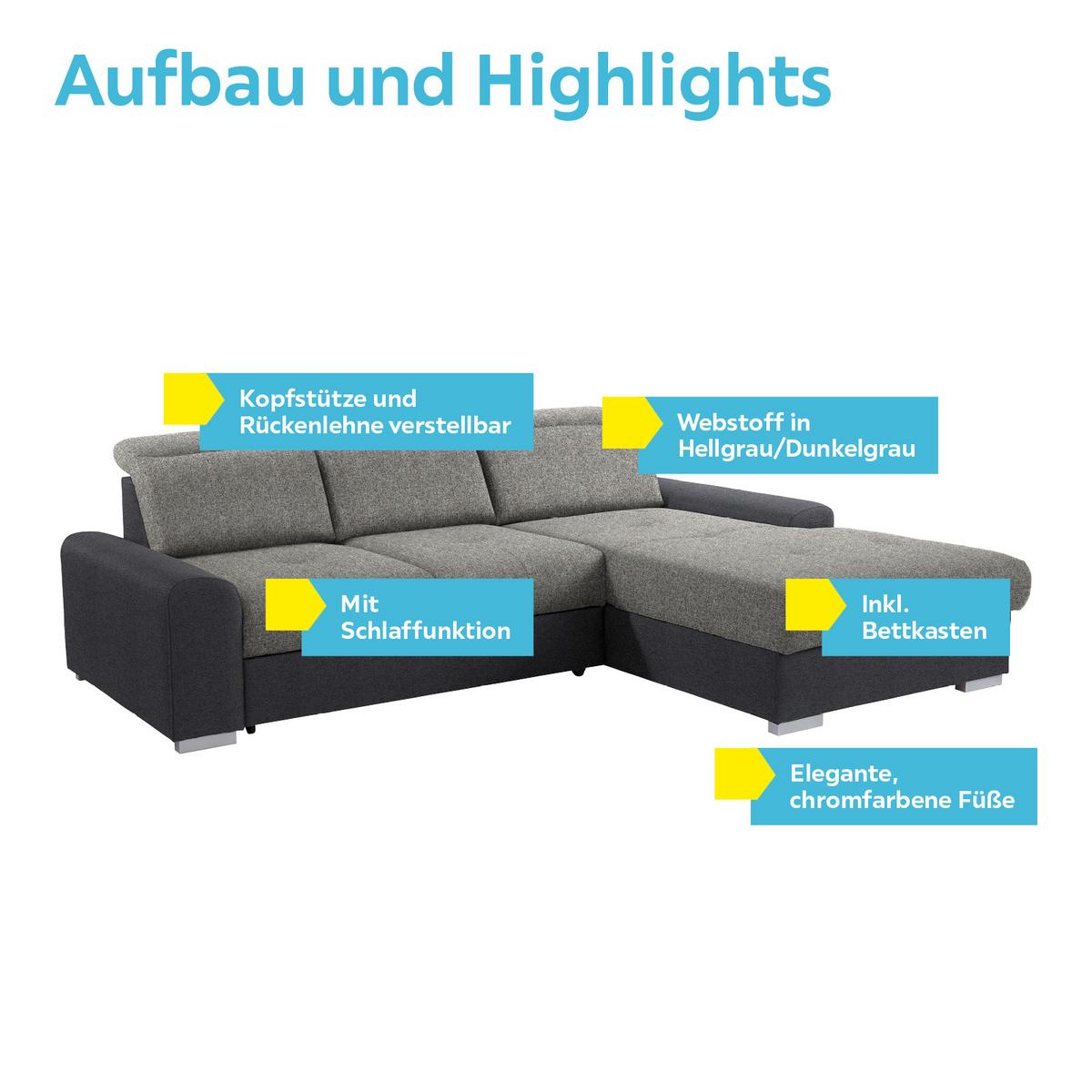 Ecksofa Mit Schlaffunktion + Bettkasten Malaga, Webstoff - Dunkelgrau/Silberfarben, KONVENTIONELL, Textil (286/203cm) - Ondega