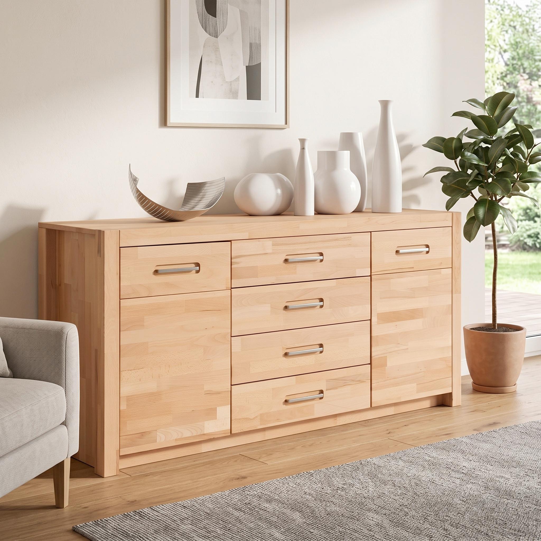 Sideboard Massiv B: 163 cm Fenja, Kernbuche - Buchefarben, Design, Holz (163/78/40cm) - MID.YOU