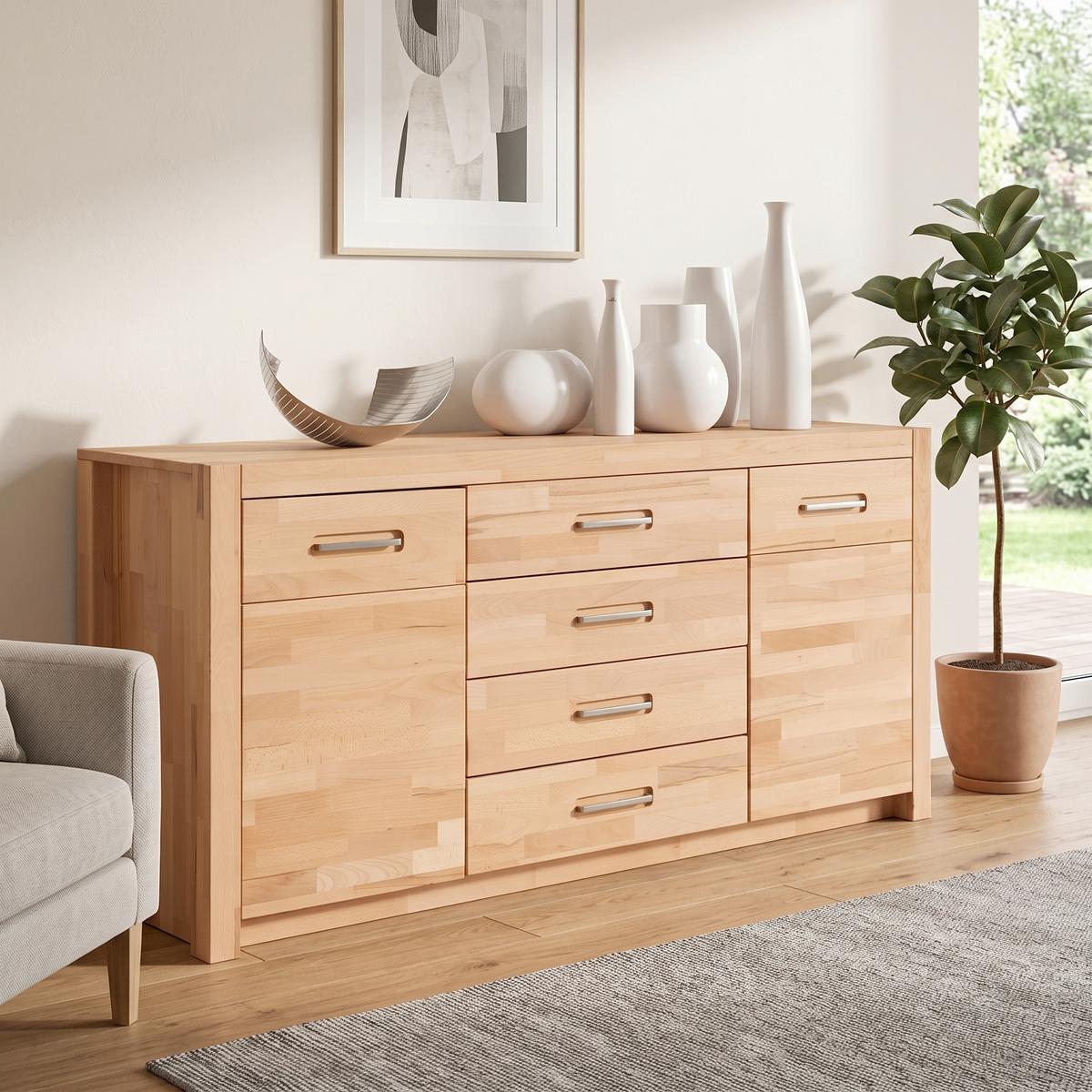 Sideboard Massiv B: 163 cm Fenja, Kernbuche - Buchefarben, Design, Holz (163/78/40cm) - MID.YOU