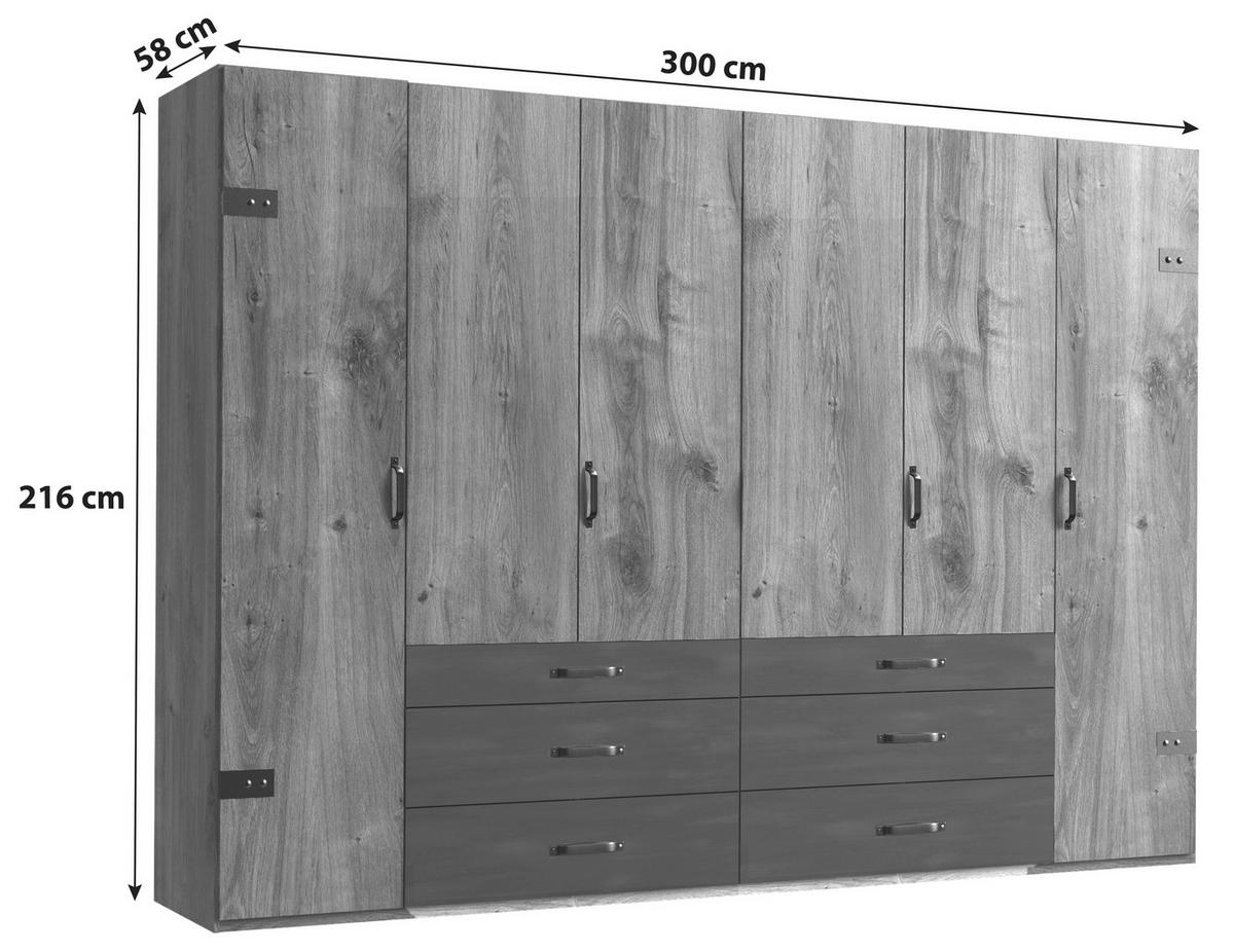 skříň s otočnými dveřmi DETROIT šířka 300cm - barvy dubu/barvy grafitu, Basics, kov/kompozitní dřevo (300/216/58cm) - MID.YOU