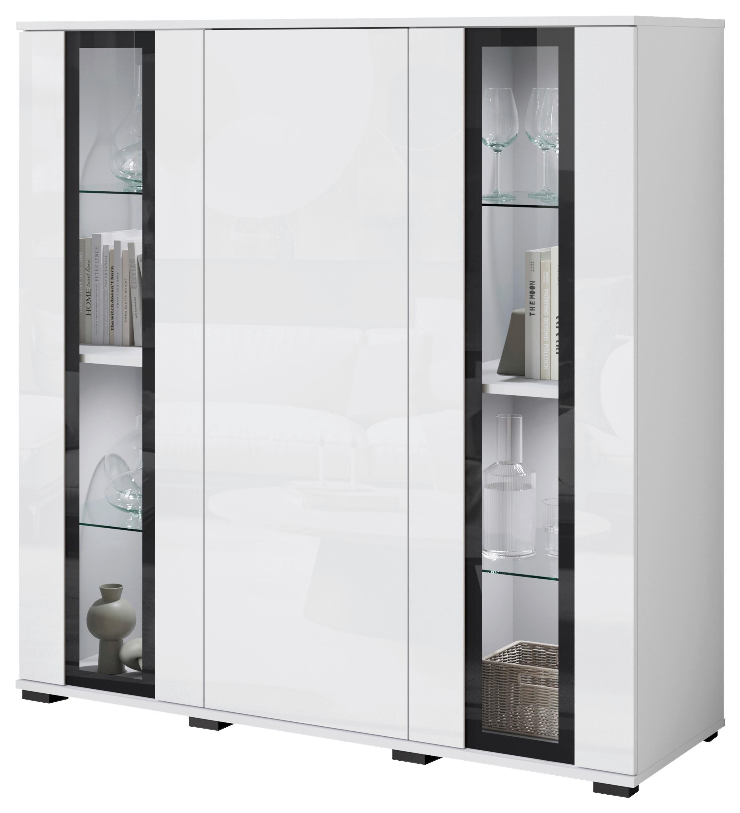 Kommode Caro Weiß B: 120 cm - Weiß Hochglanz/Schwarz, Design, Glas/Holzwerkstoff (120/121,9/39,5cm) - Livetastic