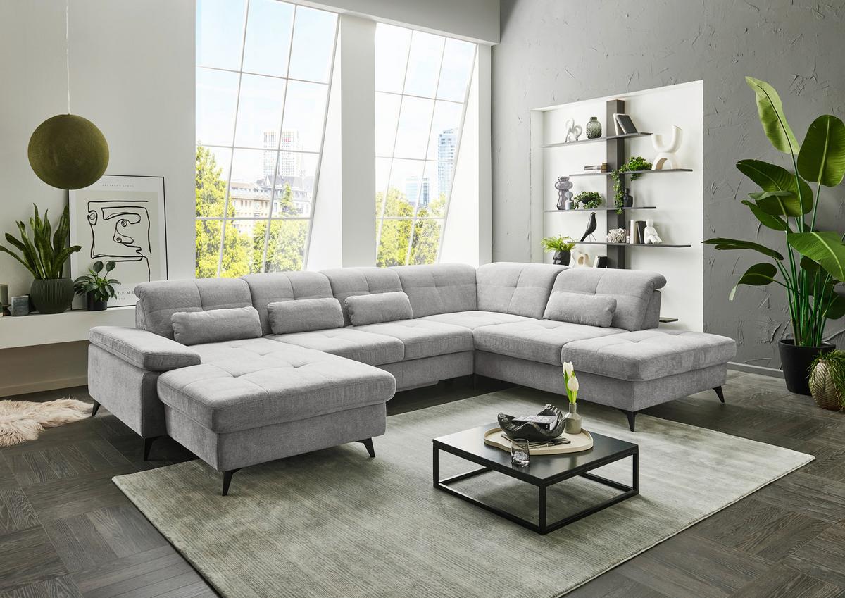 Sedačka SORENA U, pravá, sv.sivá ženilka, s funkciami - čierna/svetlosivá, Modern, kov/textil (198/353/255cm) - Premium Living
