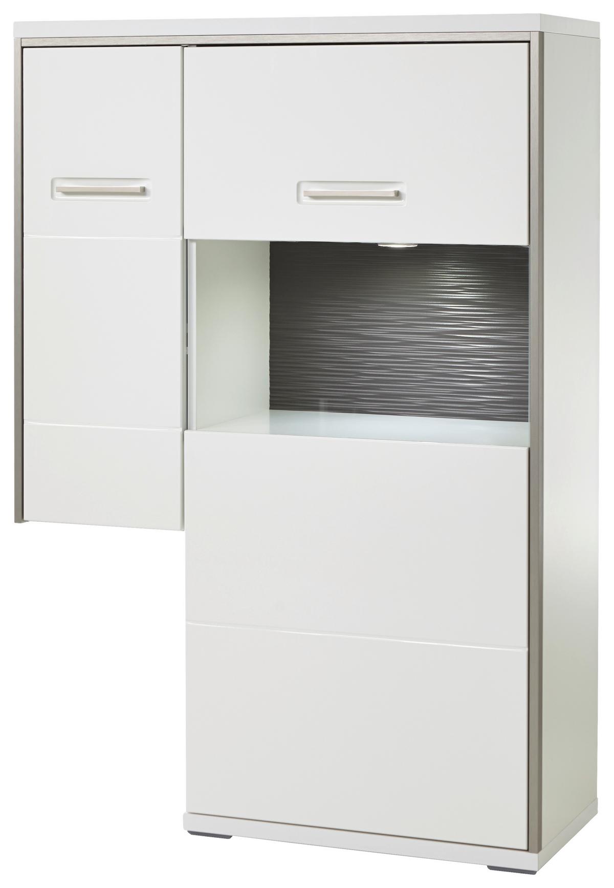 Highboard B: 94 cm Trento Grau/Silberfarben/Weiß - Weiß Hochglanz/Silberfarben, Design, Glas/Holzwerkstoff (94/137/38cm) - Livetastic