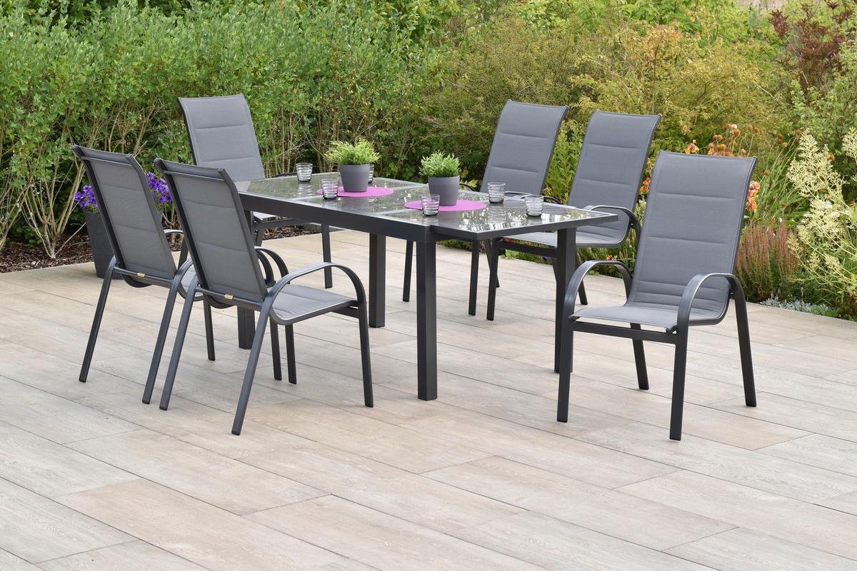 Gartentischgruppe Amalfi 7 -Teilig. Graphitfarben/Grau - Graphitfarben/Braun, KONVENTIONELL, Glas/Textil - Gardenson