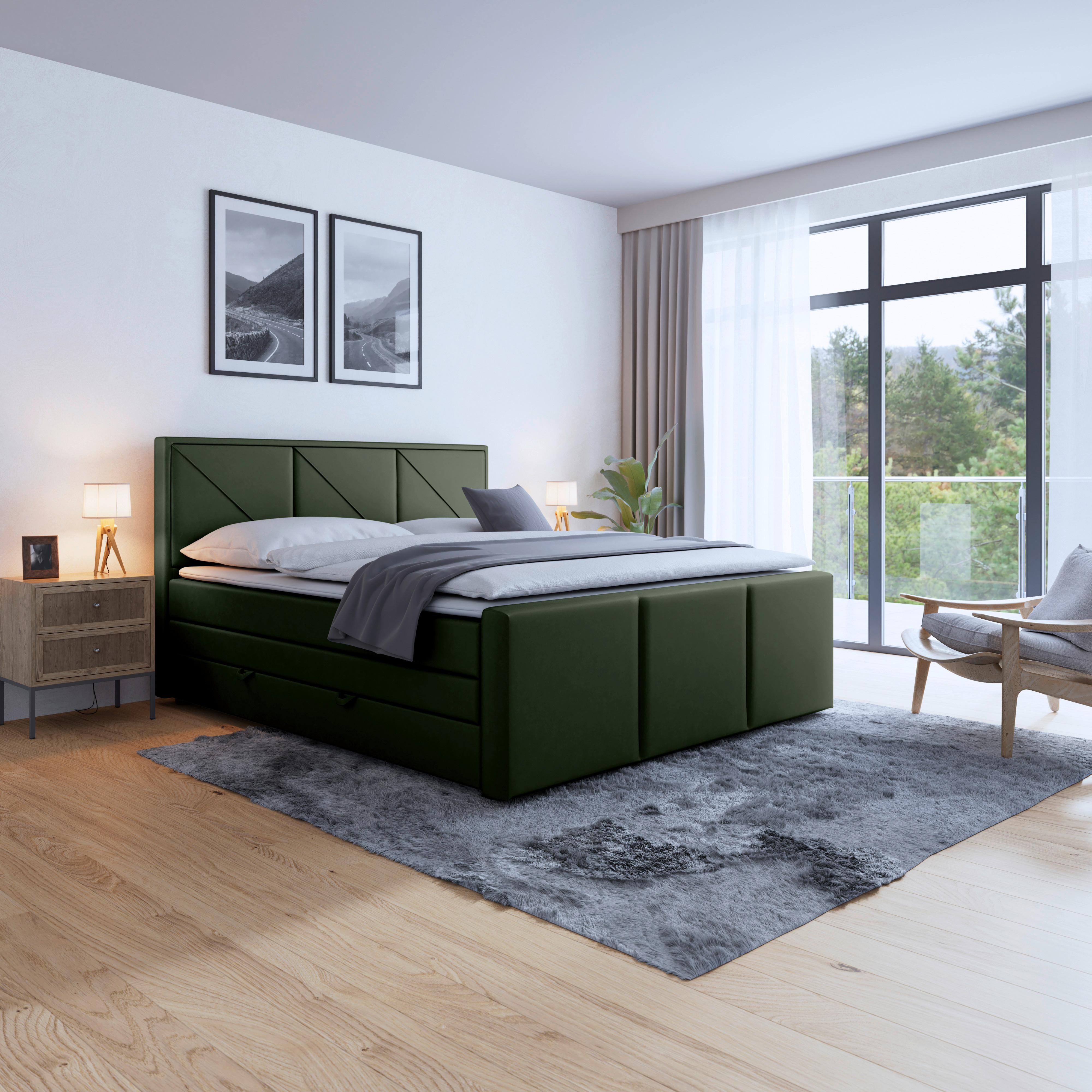 Boxspringbett Mit Bettkasten Bologna 180x200 Cm Grün - Schwarz/Grün, MODERN, Holz/Kunststoff (180/200cm) - MID.YOU