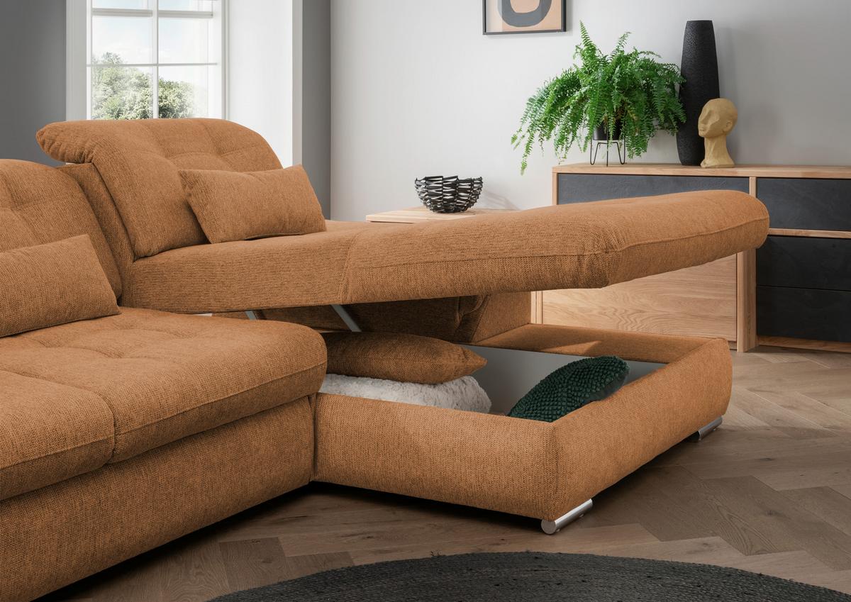 Ecksofa mit Bettkasten Rigatti Currygelb S: 314x184cm - Chromfarben/Currygelb, MODERN, Textil (314/184cm) - Livetastic