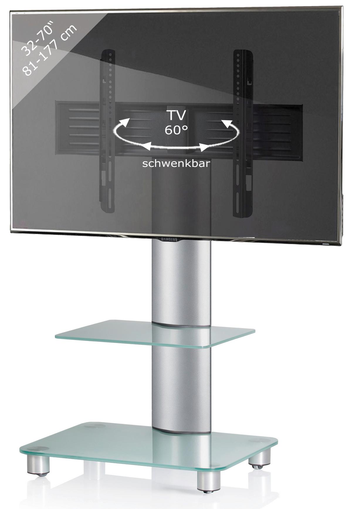 TV-Rack bis 70" schwenkbar mit Rollen Tosal max. 30 kg - Transparent/Silberfarben, KONVENTIONELL, Glas/Metall (60/100/44cm) - MID.YOU