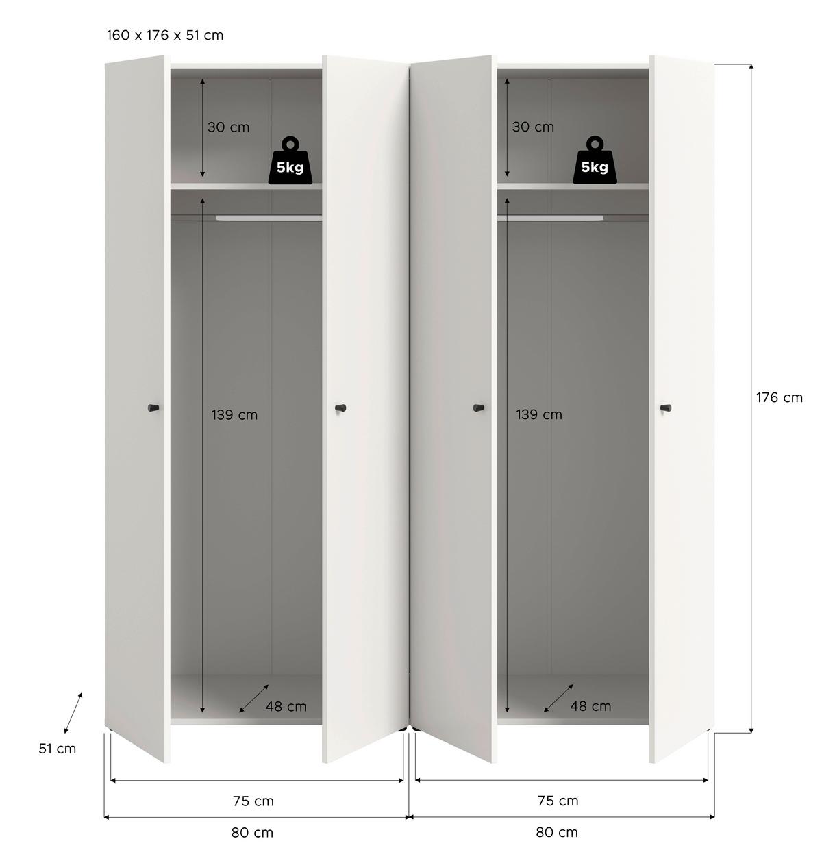 Drehtürenschrank Darwin, Weiß B: 160 Cm - Weiß, MODERN, Holzwerkstoff (160/176/51cm) - MID.YOU