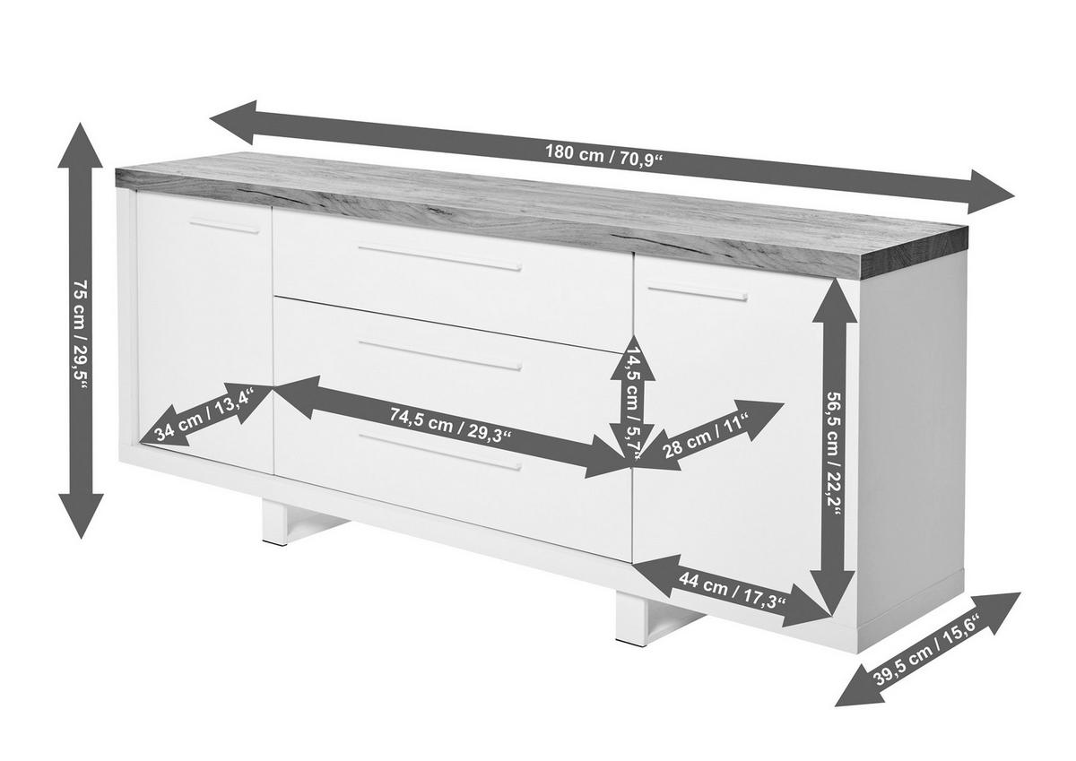 Sideboard 180 cm Scope Sb 180 Weiß Kerneiche Dekor - Eichefarben/Weiß, KONVENTIONELL, Holzwerkstoff (180/75/39,50cm) - Livetastic