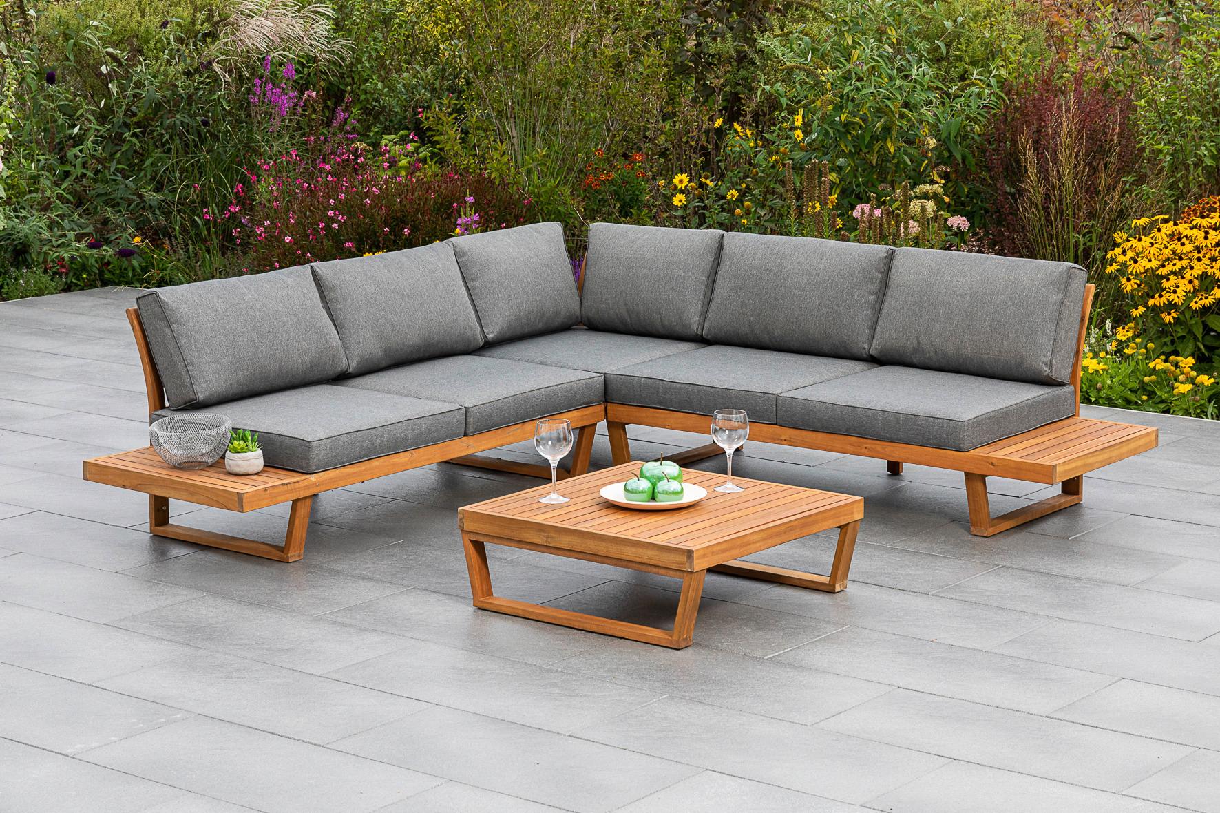 Loungegarnitur Valparaiso aus Echtholz mit Kissen - Naturfarben/Grau, MODERN, Holz/Textil (241/245cm) - Gardenson
