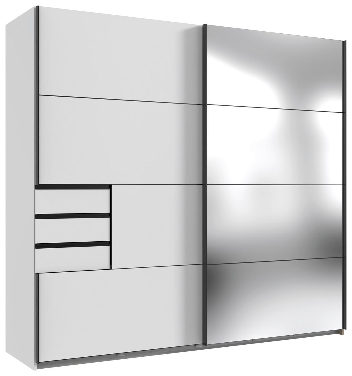 Skříň s posuv. dveřmi SAIGON bílá/zrcadlo, š. 225 cm - bílá/černá, Konvenční, kov/kompozitní dřevo (225/208/64cm) - Premium Living