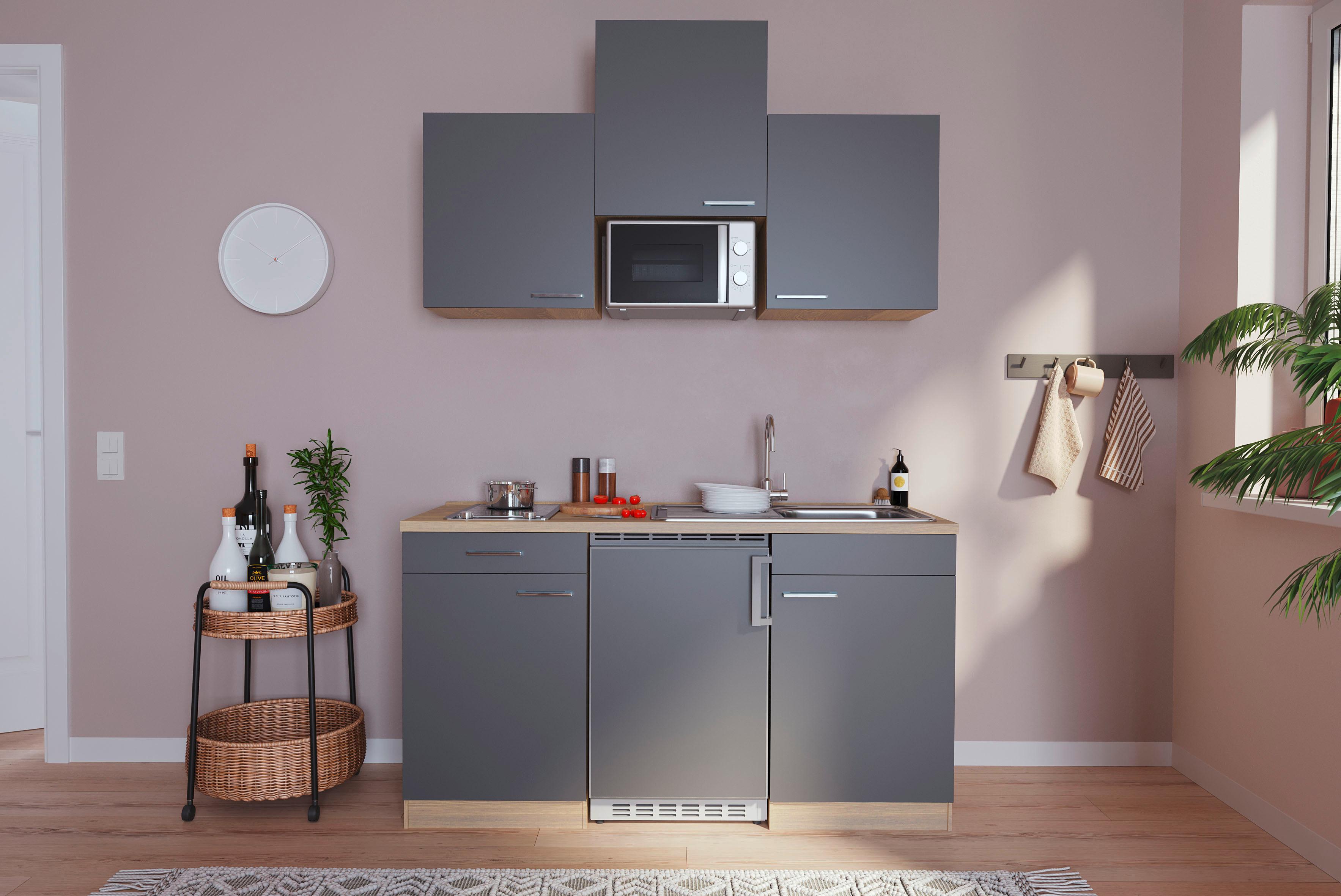 Miniküche mit Mikrowelle + Kühlschrank 150 cm Grau/Eiche - Eichefarben/Grau, Basics, Holzwerkstoff (150cm) - Respekta